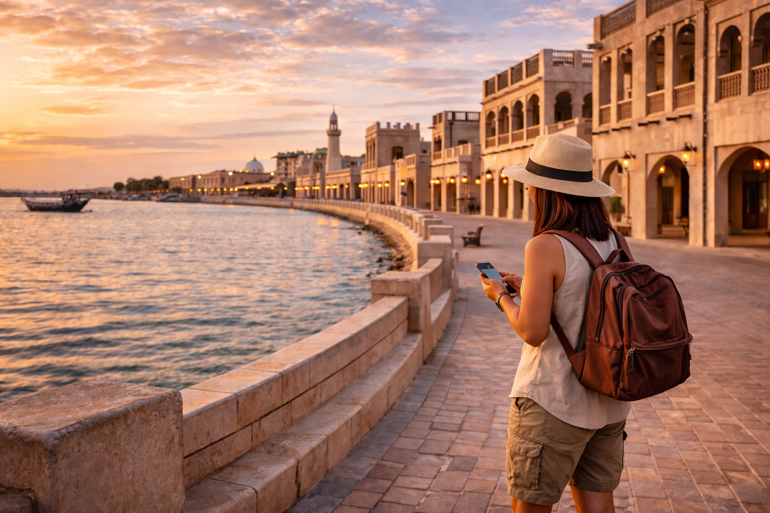 אל-ווקרה החופית עם אדריכלות מסורתית, טיילת יפה, אור ערב רך ומטייל עם סמארטפון ליד הים