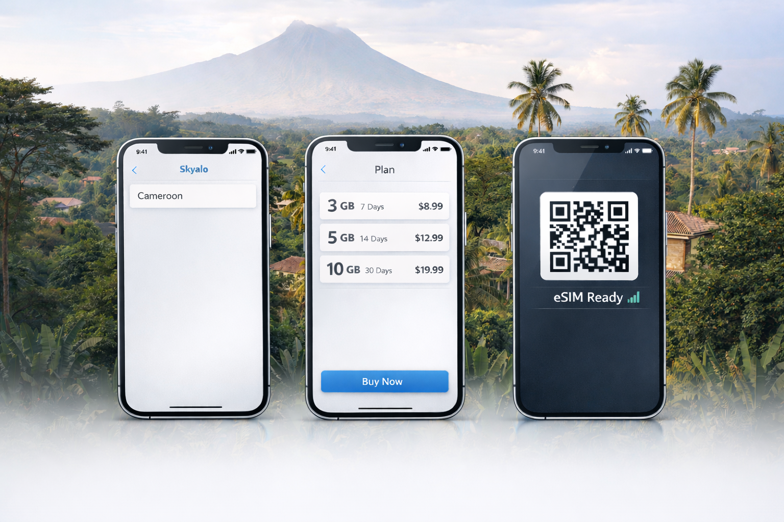 Three smartphones with the Skyalo eSIM interface against a Cameroon landscape - country selection, plans, and QR-code activation