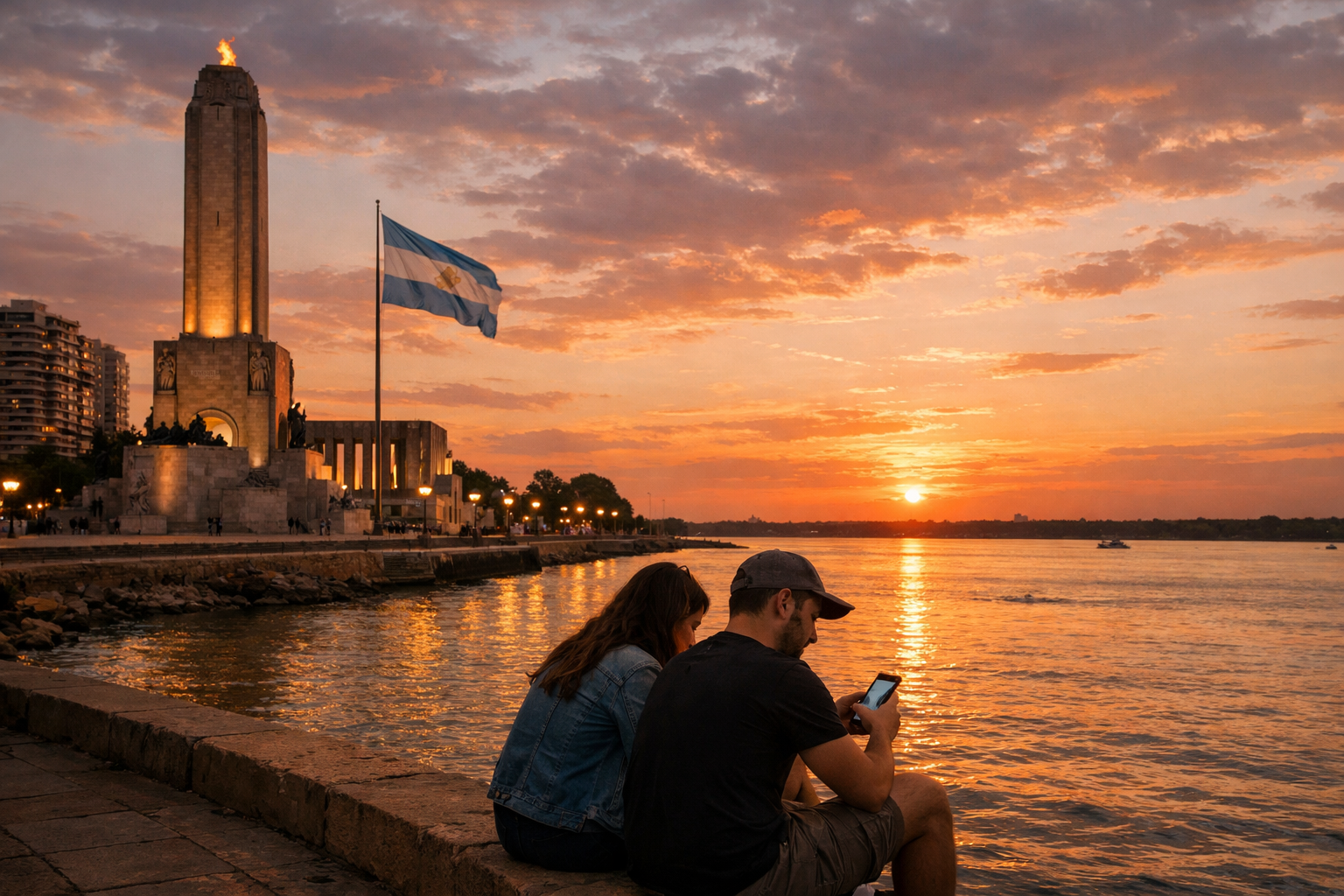 Rosario and Argentina’s Flag Memorial at sunset with tourists using mobile connectivity