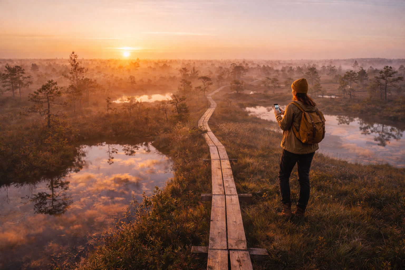 Kemeri bog boardwalk and a tourist with an eSIM smartphone