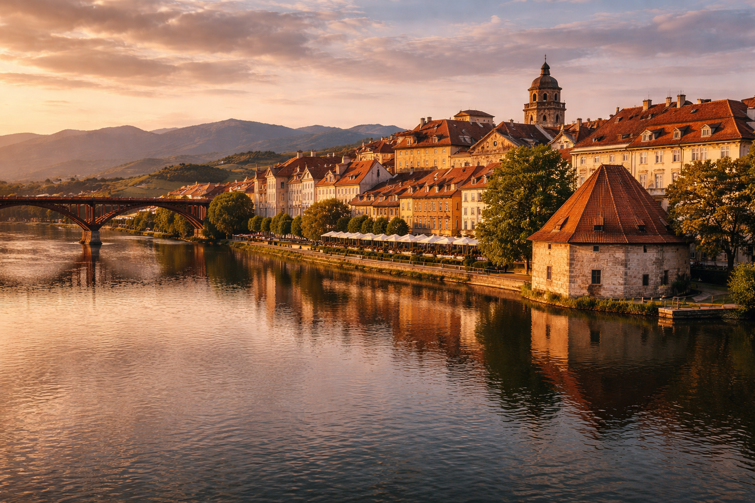 מריבור בסלובניה עם נהר, עיר עתיקה ואווירה אירופית נעימה