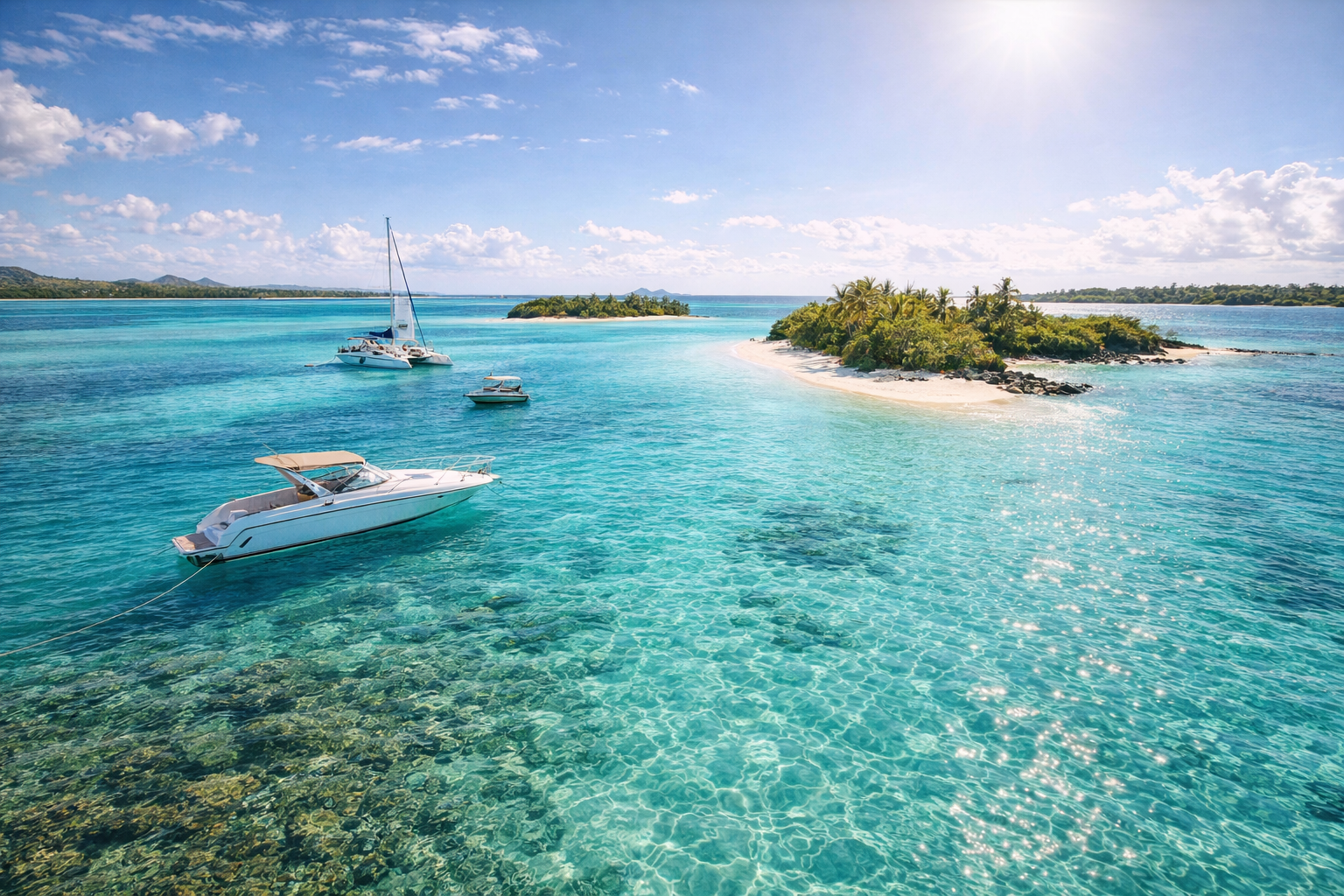 The east coast of Mauritius with bright turquoise water, small islands, white beaches, and a scenic boat-trip vibe