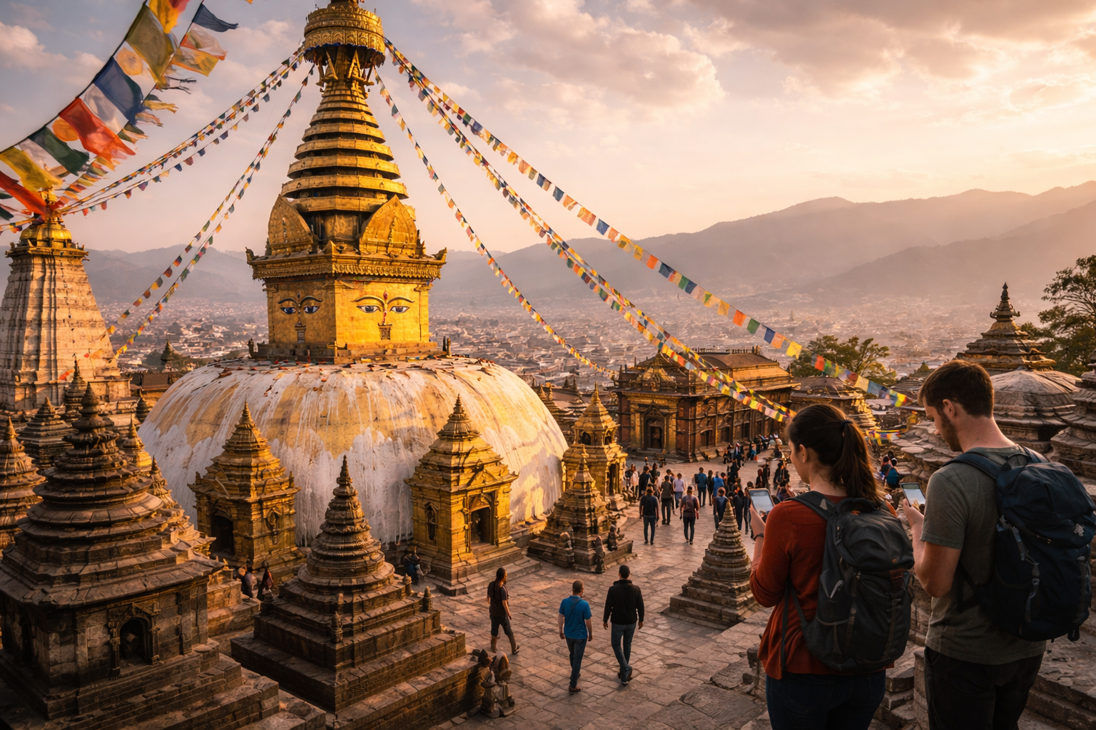 Turisti passeggiano vicino alla stupa di Swayambhunath con smartphone ed eSIM