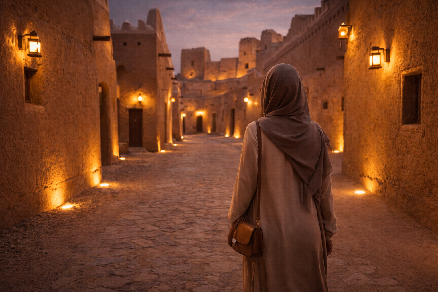 Dievča sa prechádza historickou štvrťou Dir'íja