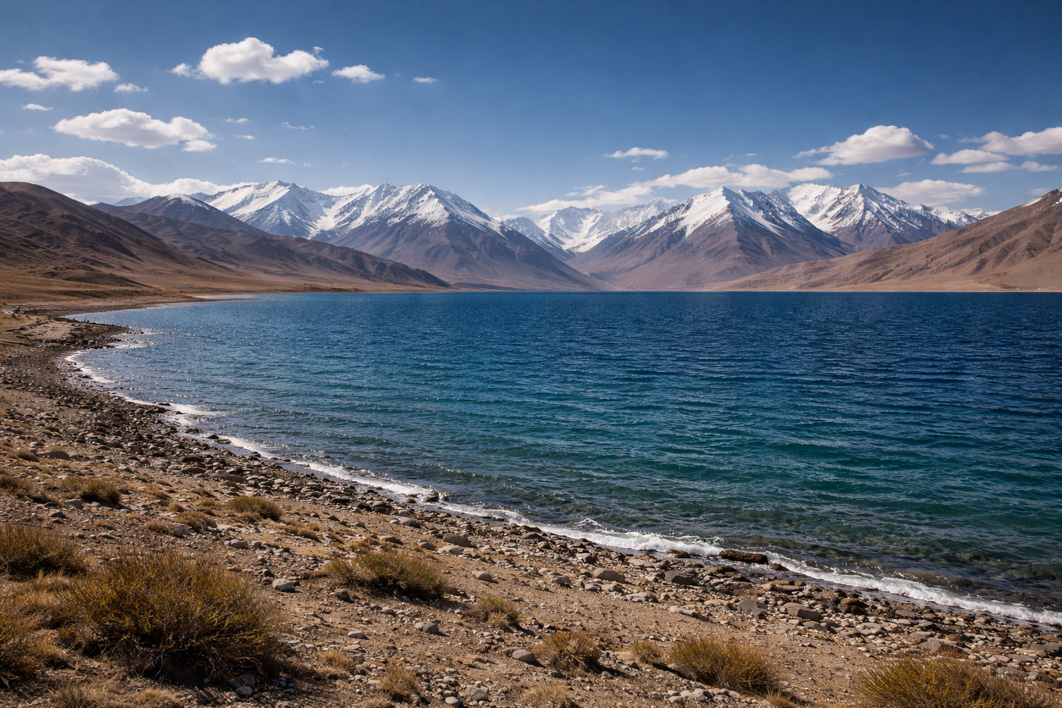 אגם קראקול בטג'יקיסטן עם מראה מים רחב, הרים קשים, אור קר ואווירה של הפמיר המזרחי.