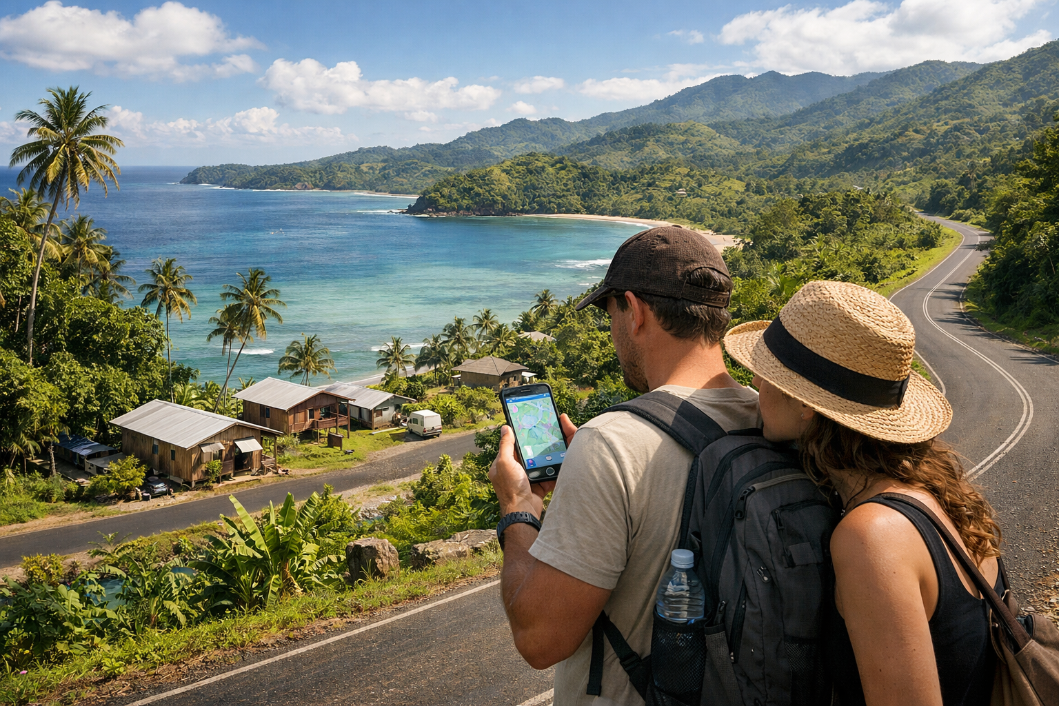 Ostrov Vanua Levu na Fidži se zelenými kopci, pobřežím, tichými vesnicemi a pohodlným samostatným cestováním s eSIM pro navigaci a spojení