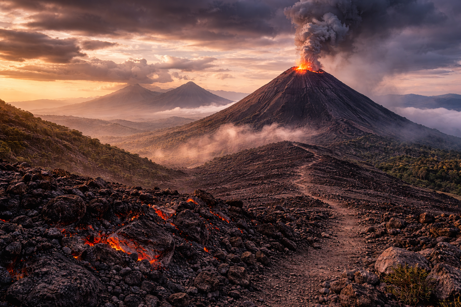 הר הגעש פאקאיה בגואטמלה עם שדות לבה, תבליט וולקני כהה, עשן ופנורמות הרריות