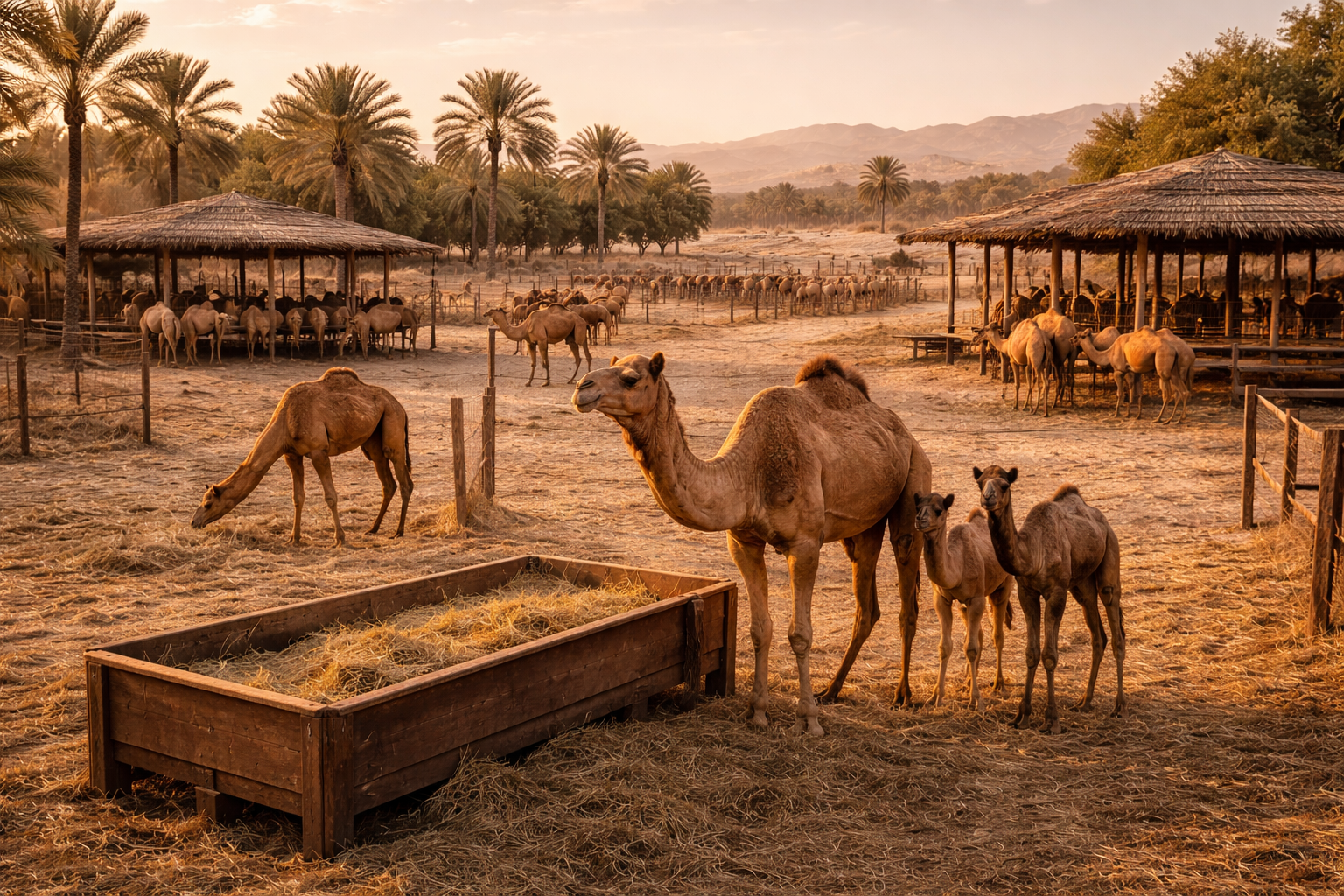 גמלים בחוות מדבר בבחריין בסביבה טבעית