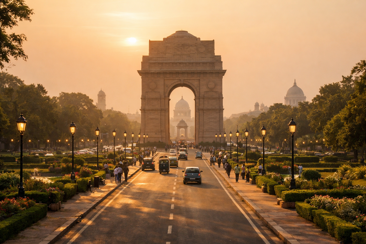 نیو دہلی کا پینورامک منظر، شاندار India Gate، سبز راہیں، نرم سنہری روشنی اور ہندوستان کے بڑے تاریخی شہر کی فضا کے ساتھ۔