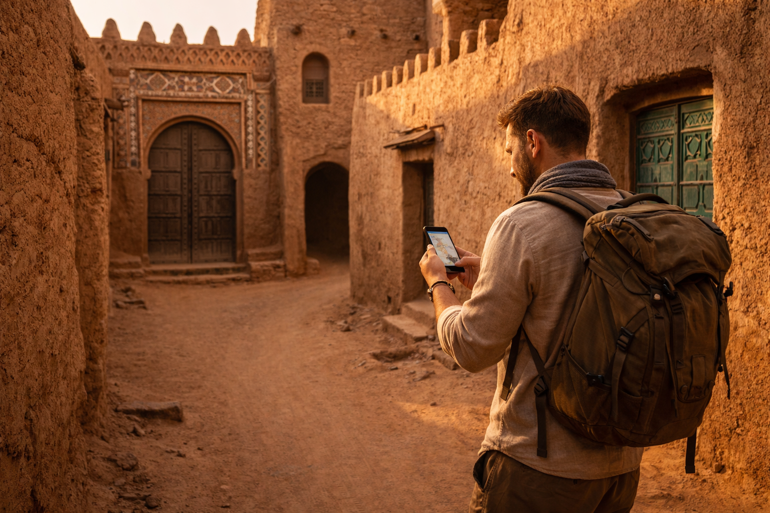 העיר העתיקה של זינדר ובירני עם בנייה היסטורית, רחובות צרים ומטייל המשתמש ב-eSIM על הסמארטפון במהלך הטיול.