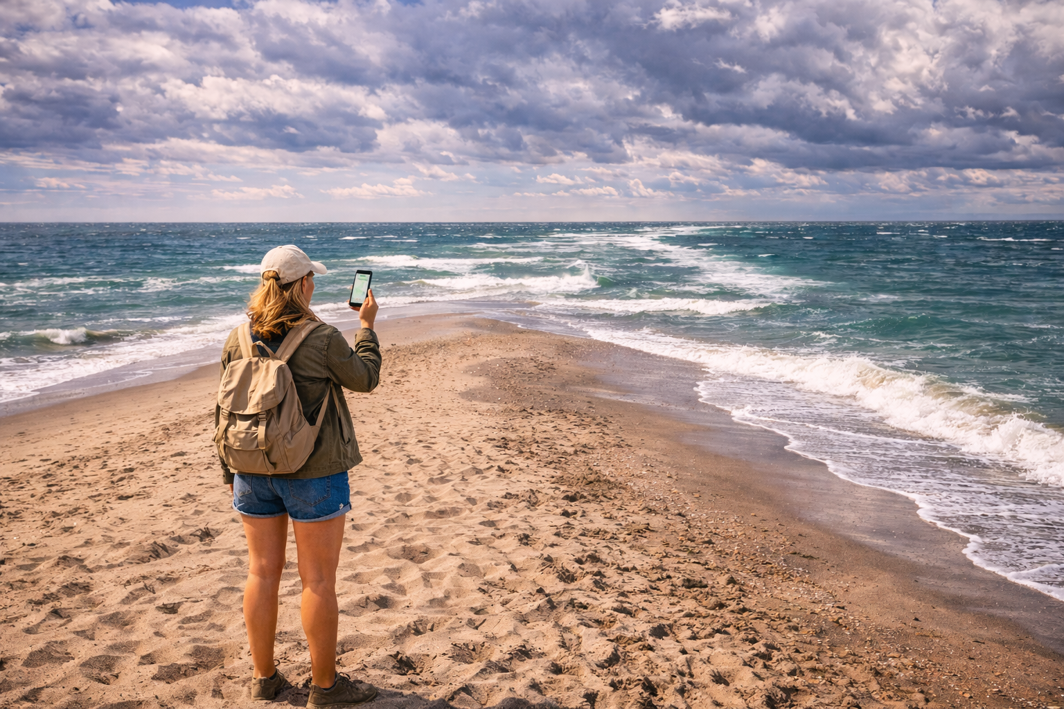 Skagen headland and a tourist with an eSIM-enabled smartphone