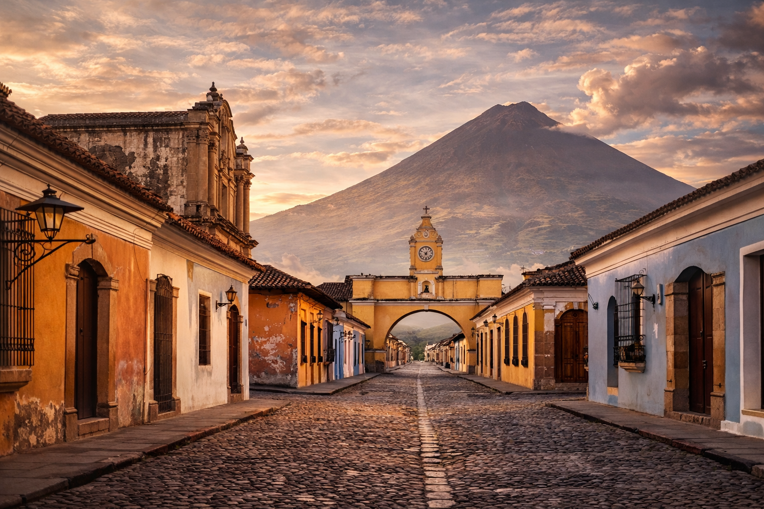 אנטיגואה בגואטמלה עם רחובות קולוניאליים, חזיתות צבעוניות, אדריכלות עתיקה והר געש ברקע