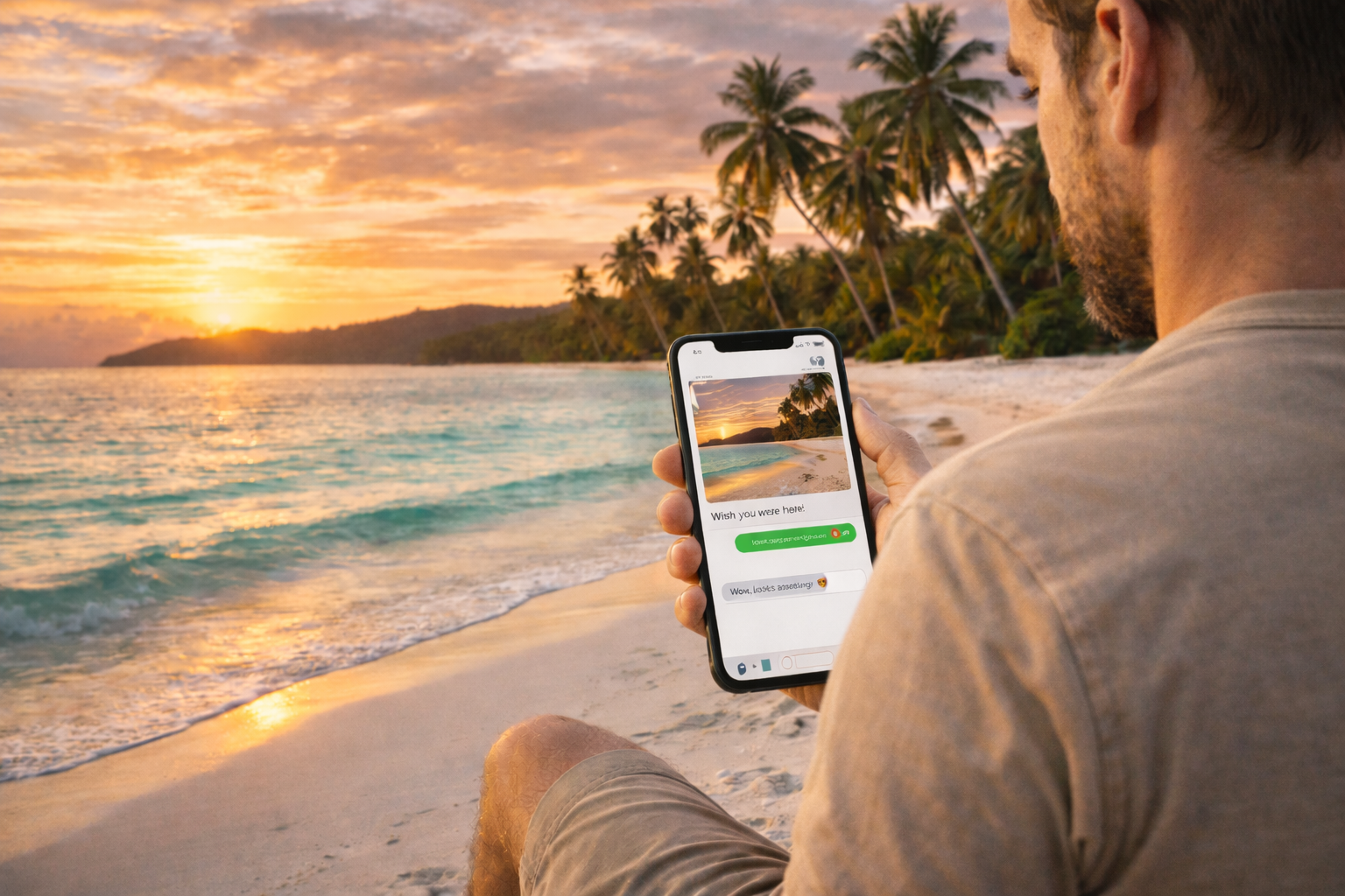 Koh Rong beach and a tourist sharing photos via eSIM