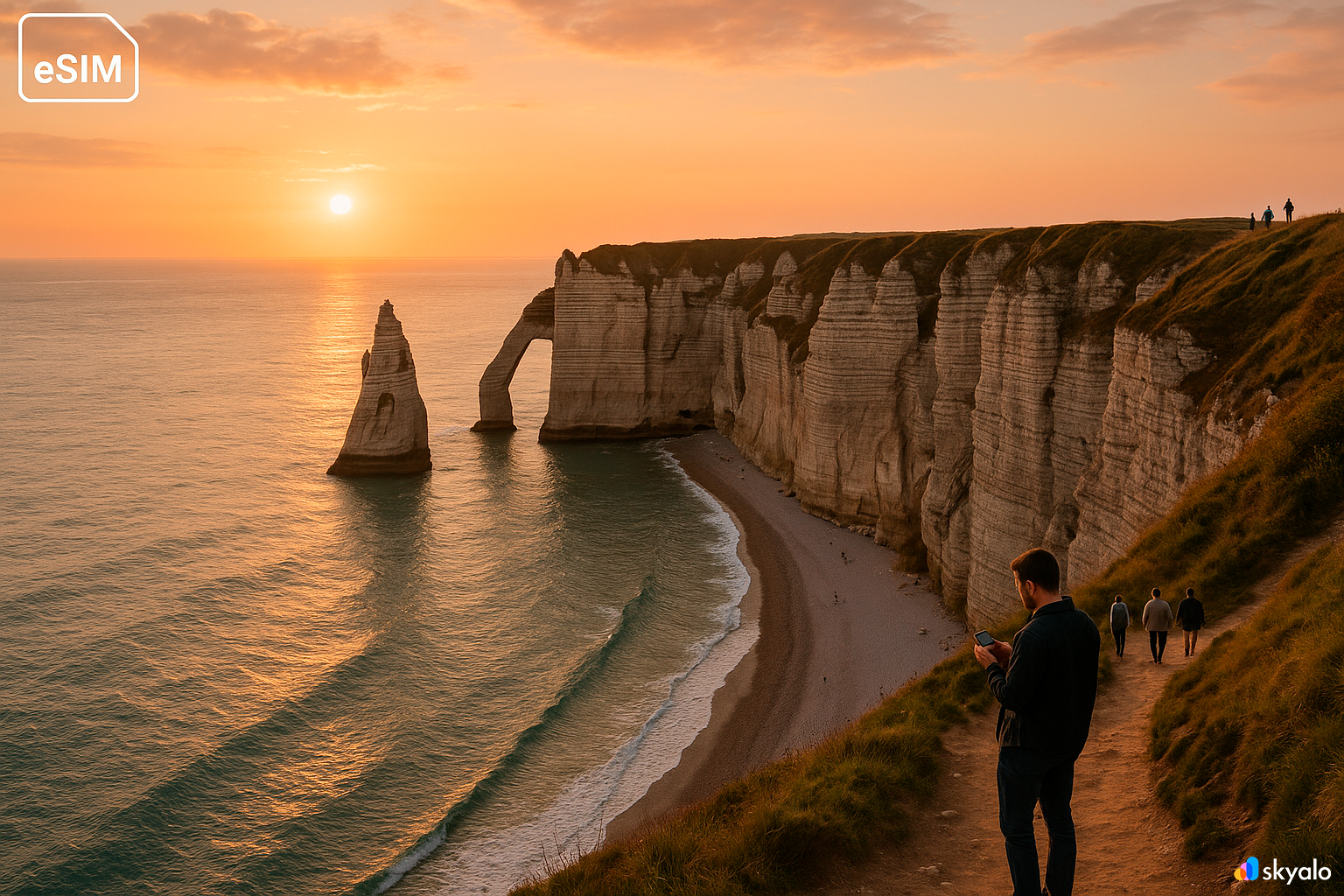 White cliffs and arches of Étretat in Normandy at sunset above the English Channel