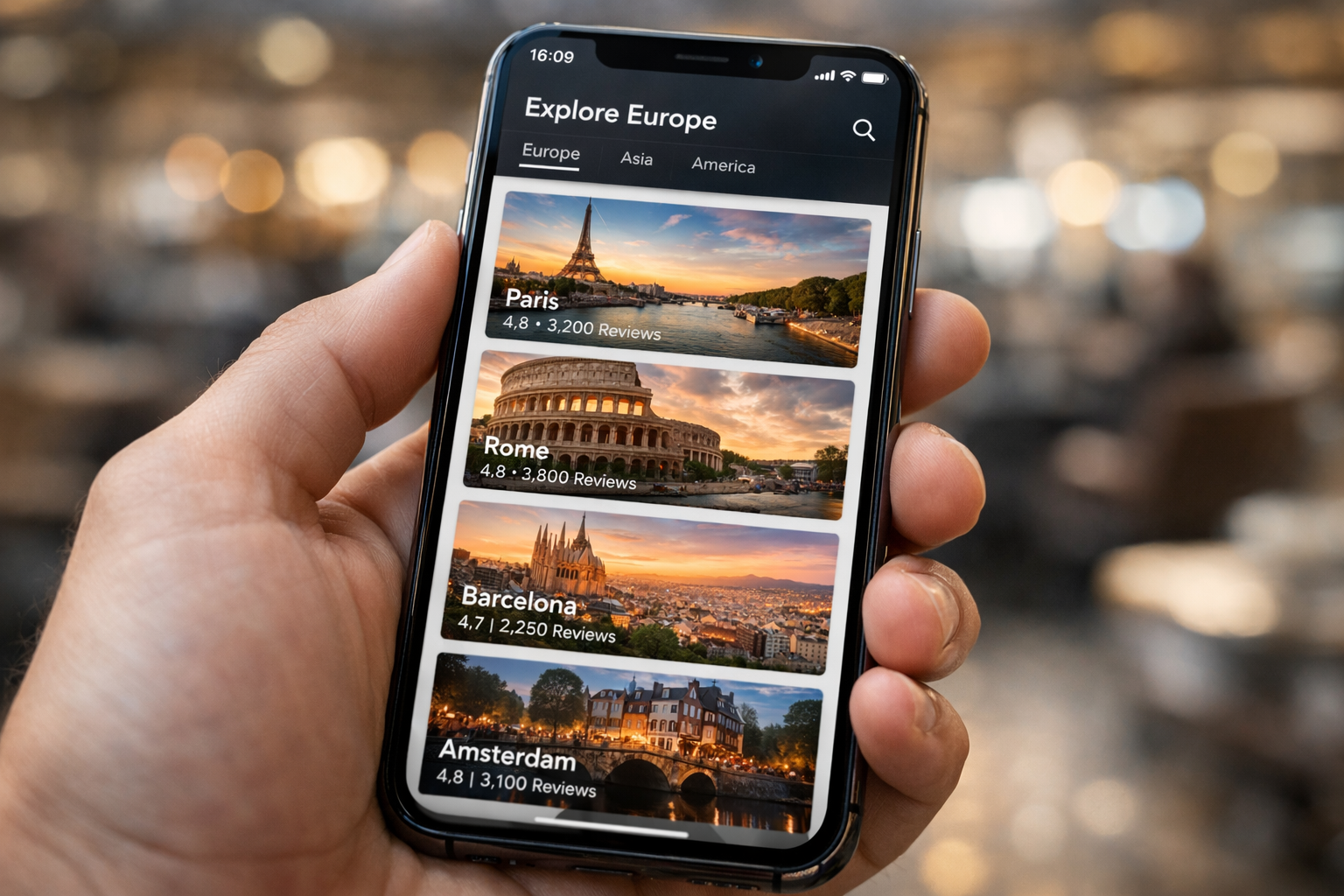 스마트폰 화면에서 유럽 여행지를 고르는 모바일 앱