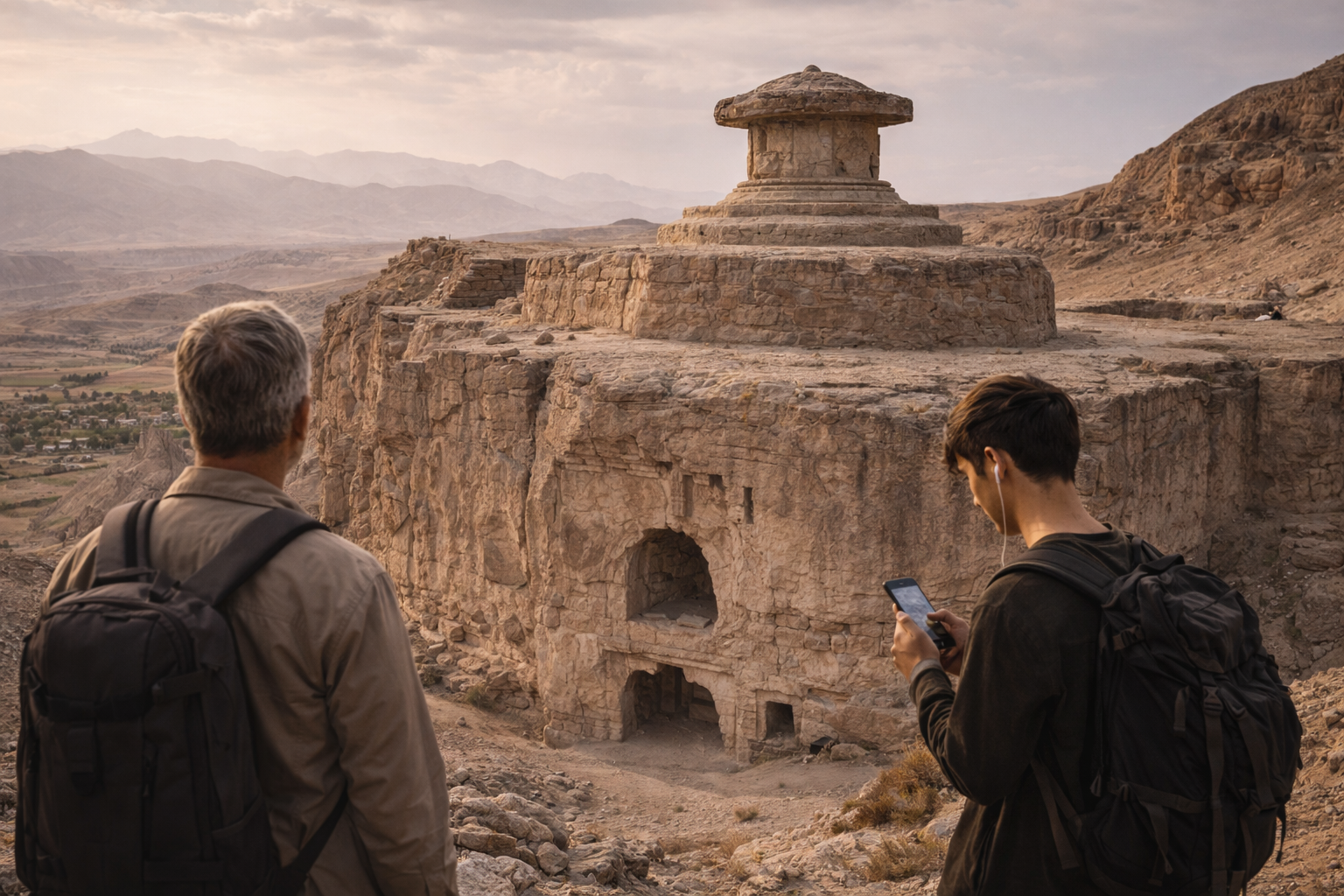 Takht-e Rostam carved into rock and a tourist with a smartphone with eSIM