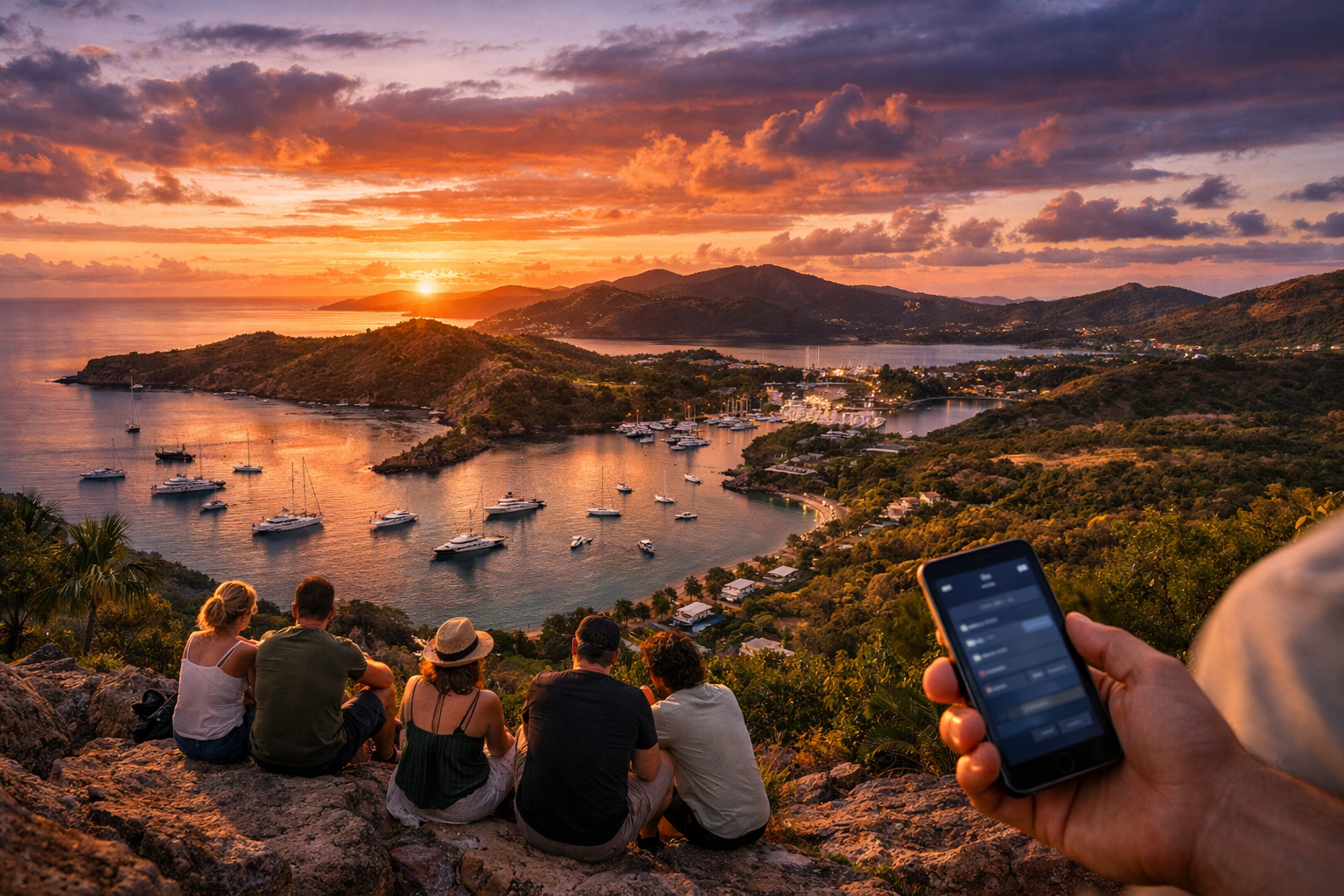 Sunset at Shirley Heights with a panoramic view of English Harbour — a traveler shares the moment online thanks to an eSIM