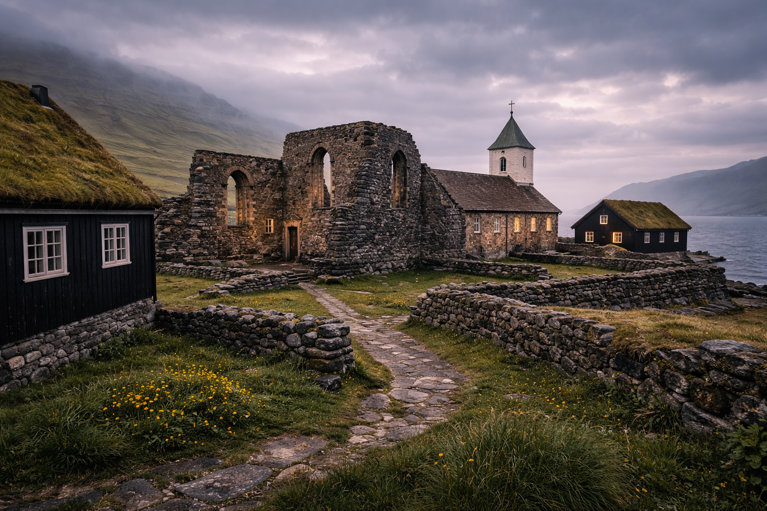 Kirkjubøur z ruinami i starymi budynkami na Wyspach Owczych