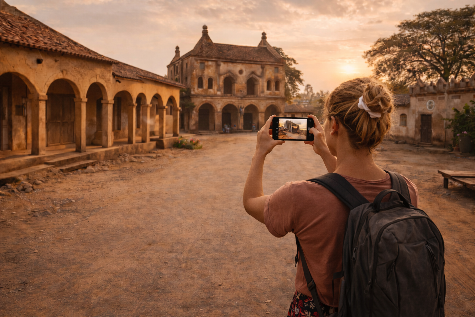 אלדה בבנין עם ארכיטקטורה היסטורית, רחובות שקטים ומטייל עם סמארטפון עם eSIM פעילה במהלך מסלול תרבותי