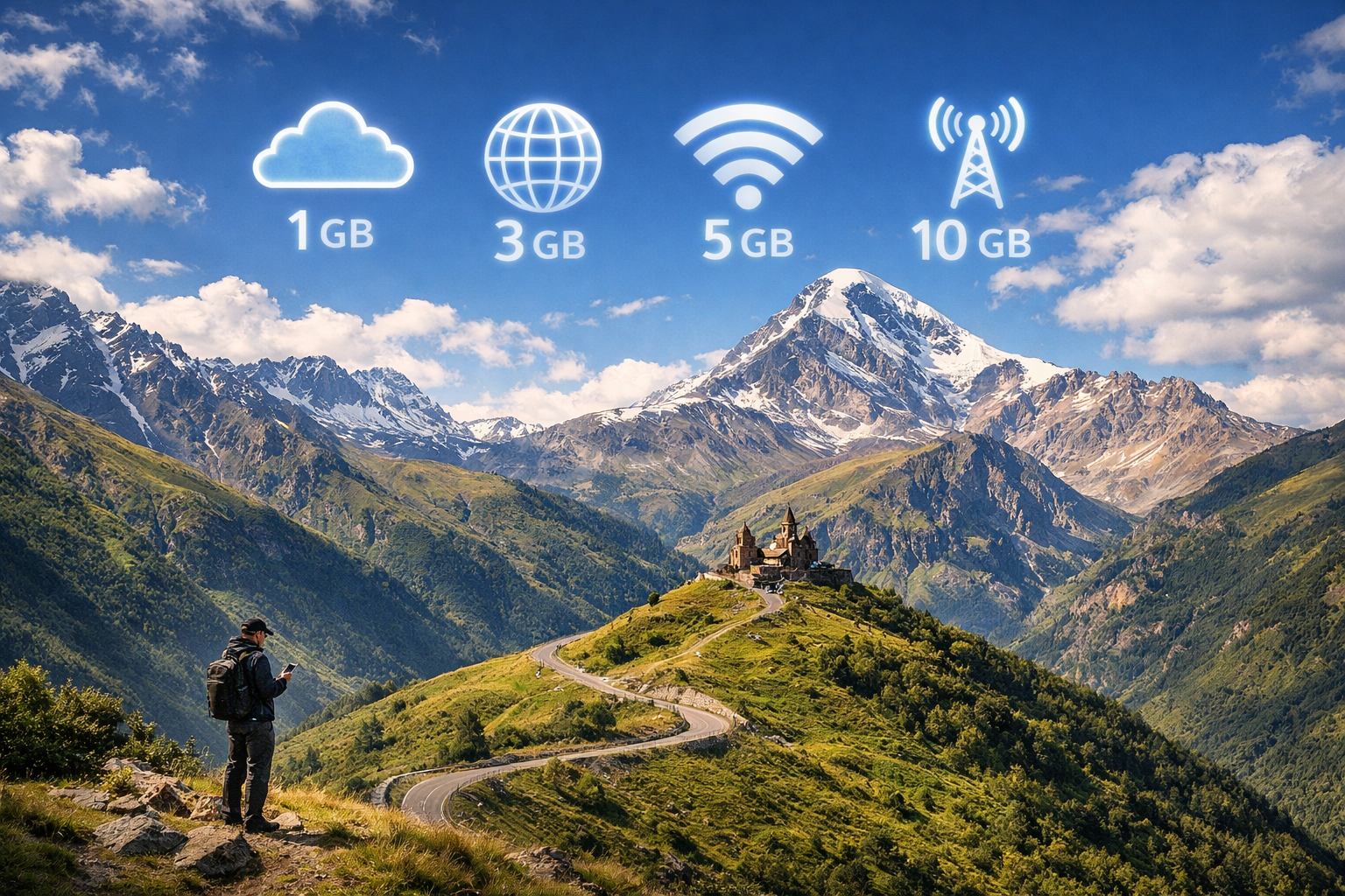Cuánto internet necesitas en Georgia para viajar - ejemplos de consumo de 1 GB, 3 GB, 5 GB y 10 GB con las montañas de Kazbegi y la iglesia de Gergeti de fondo.