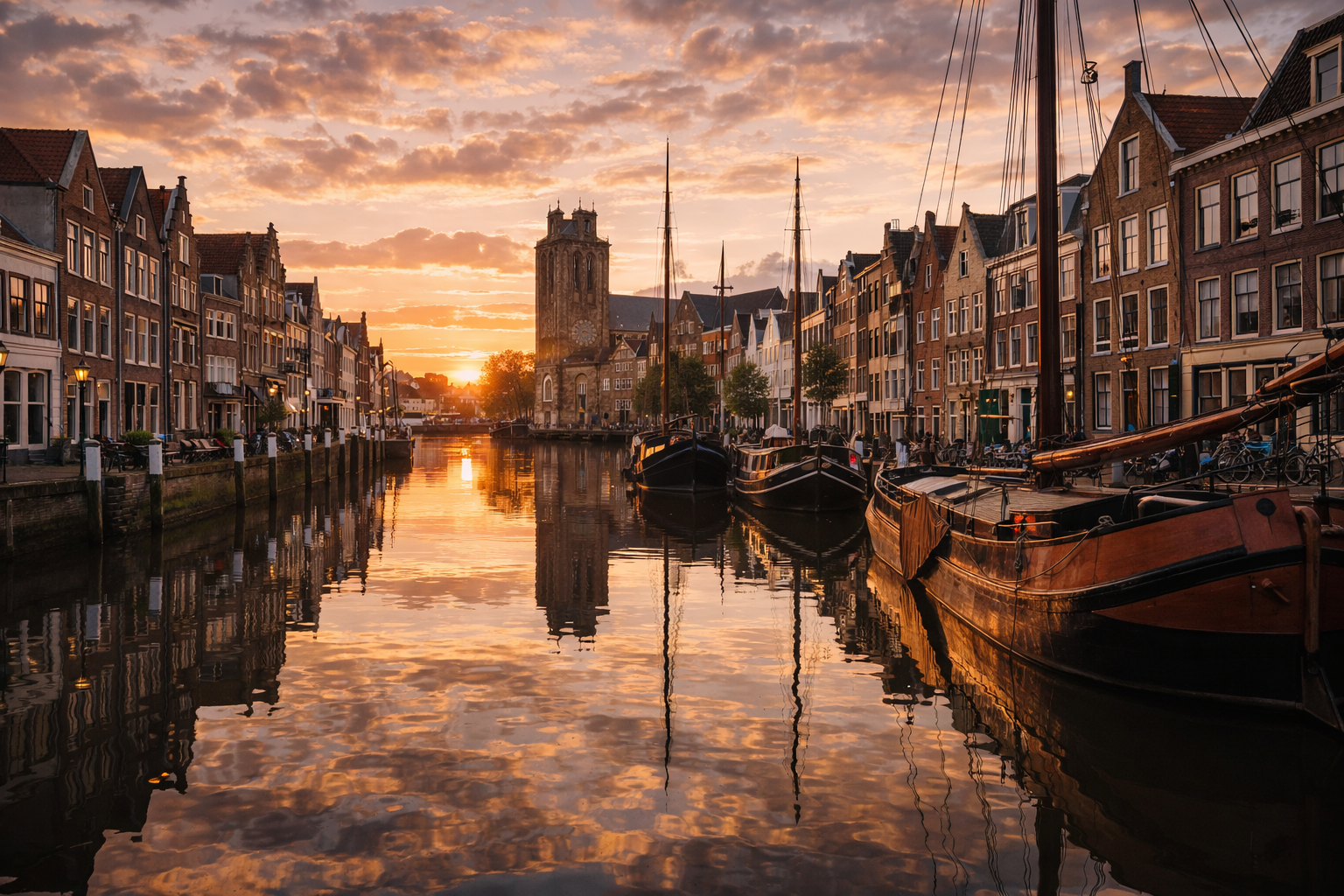 Dordrecht’s historic harbor with sailing ships