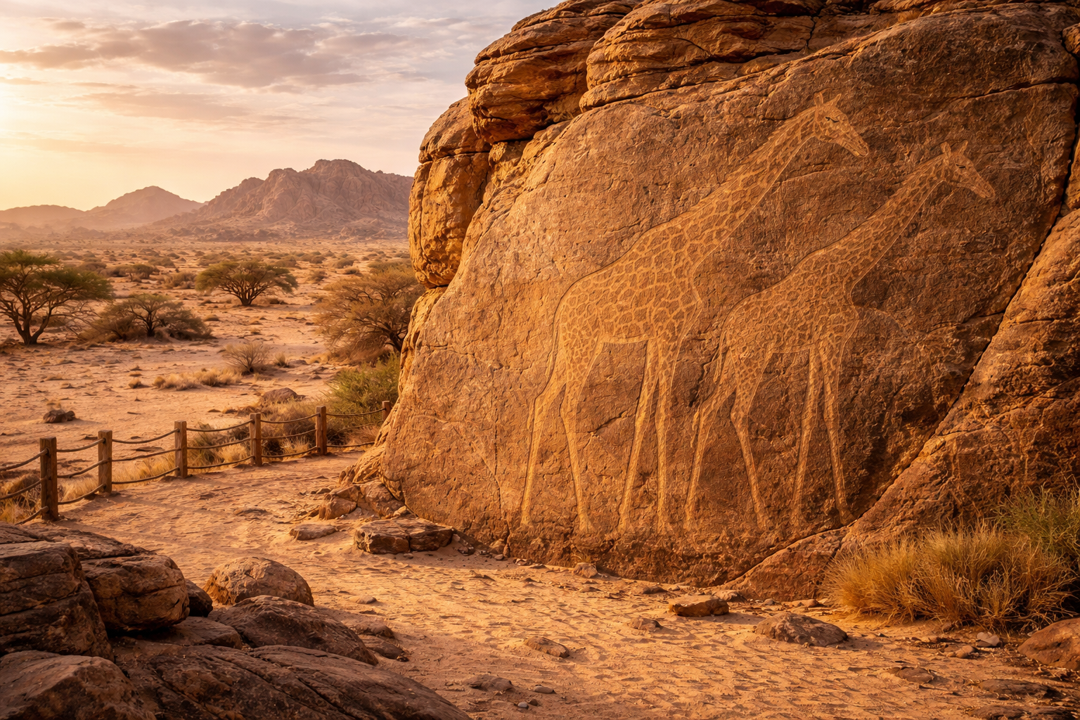 ג'ירפות דאבוס בניז'ר עם חריטה עתיקה על סלע, סביבת מדבר ואור חם של הסהרה.