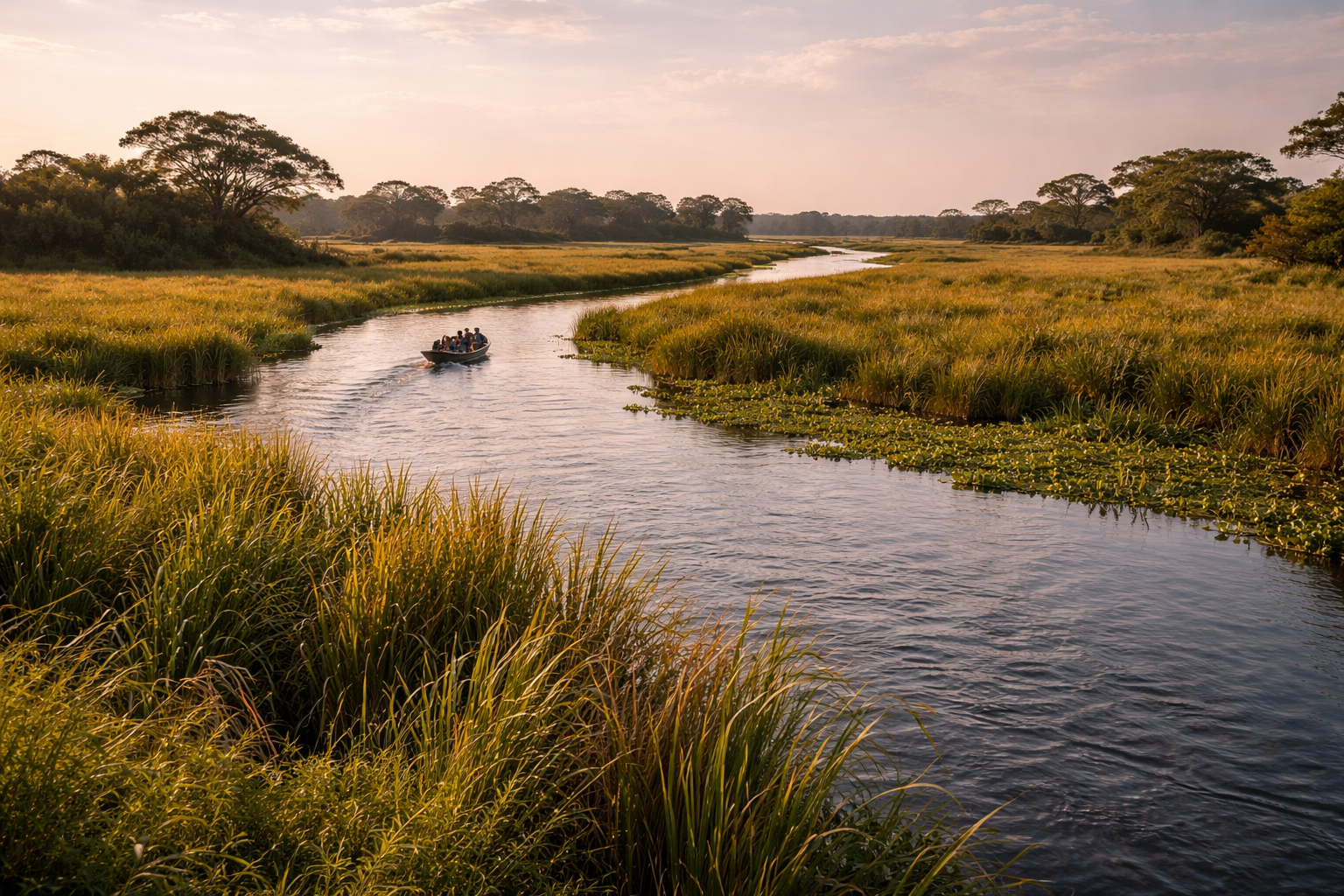 פמפס דל יאקומה בבוליביה עם תעלות מים, עשב גבוה, אור טרופי חם ונוף פתוח של השפלה.
