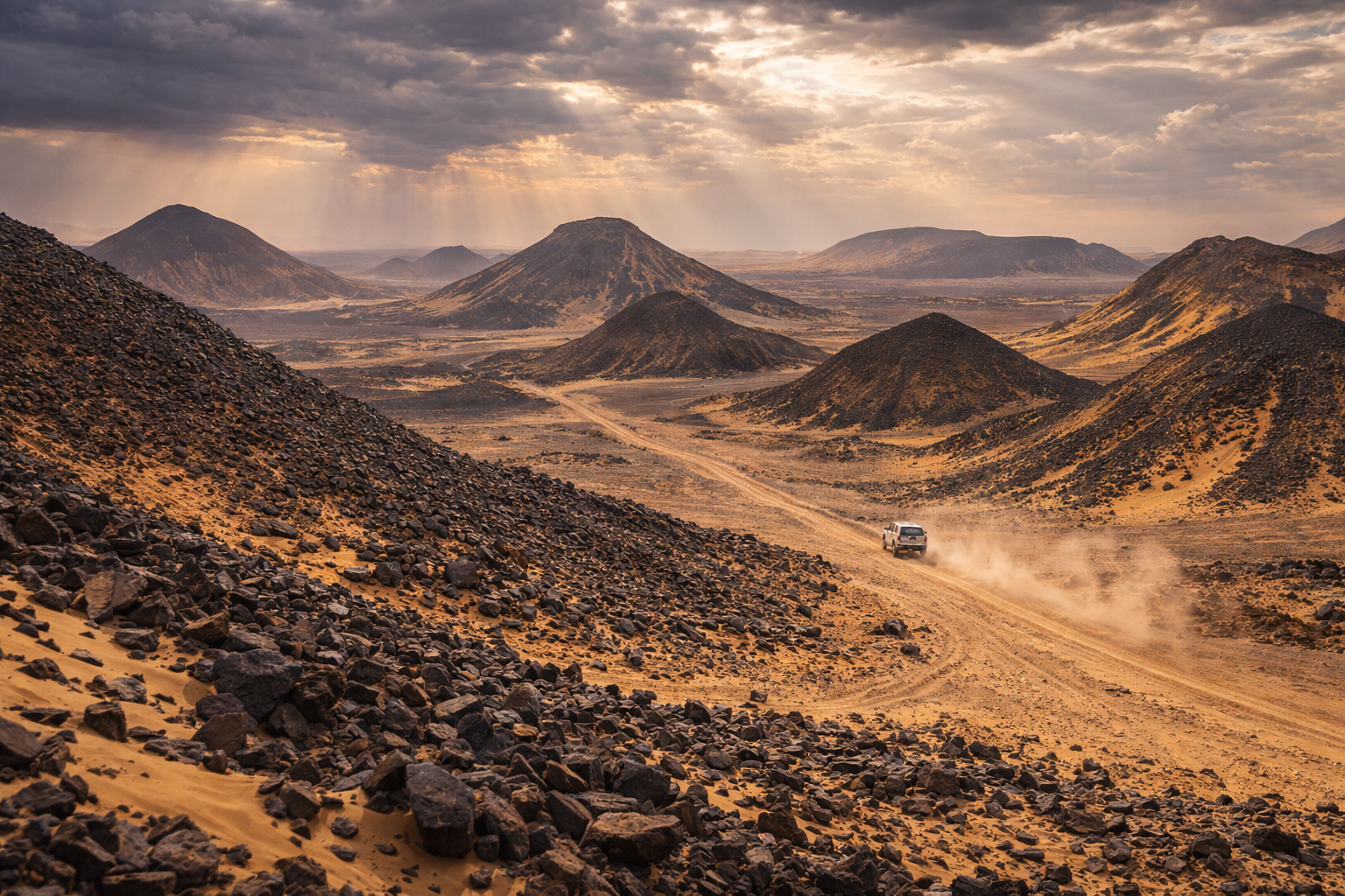 Egypt’s Black Desert with volcanic hills and tourists on a jeep safari — traveling in Egypt with eSIM internet