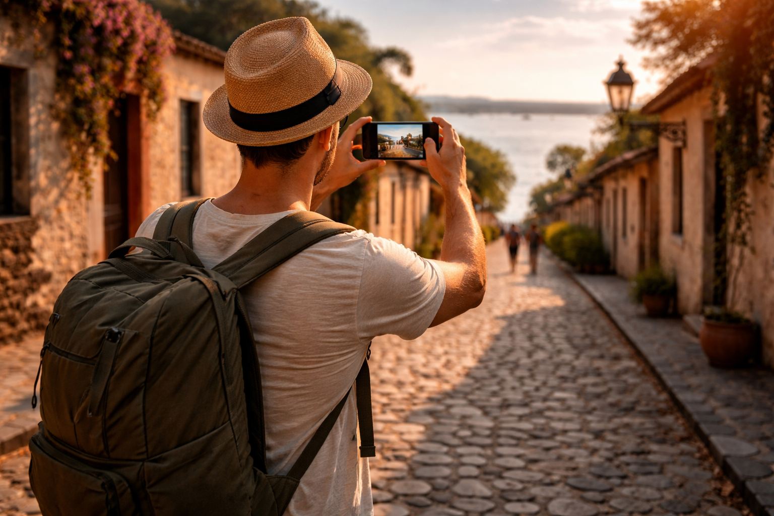 コロニア・デル・サクラメントの旧市街、石畳の道、コロニアル建築、散策中のスマホとeSIMを使う旅行者