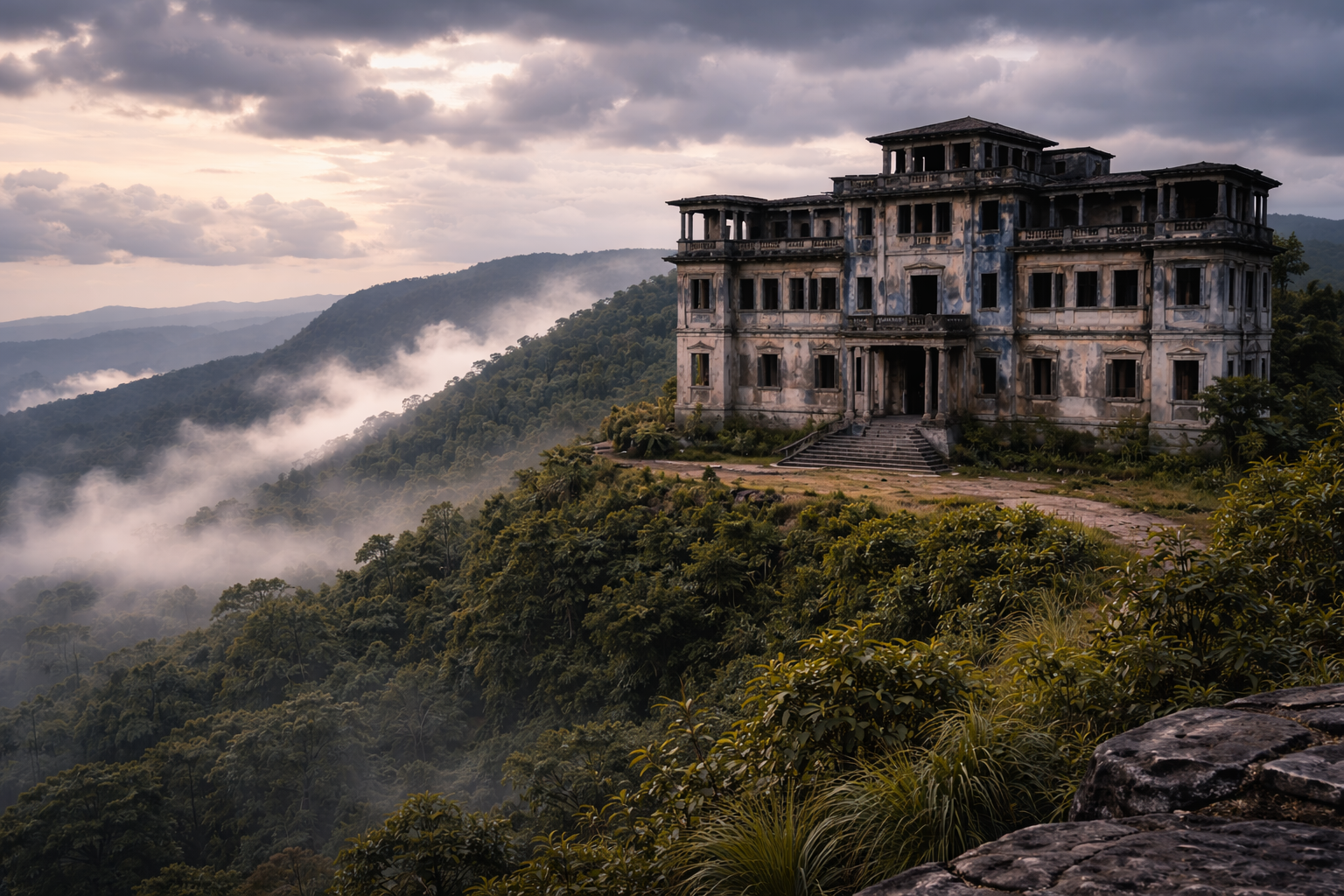 An abandoned colonial hotel on Bokor Hill amid misty mountains and dense jungle