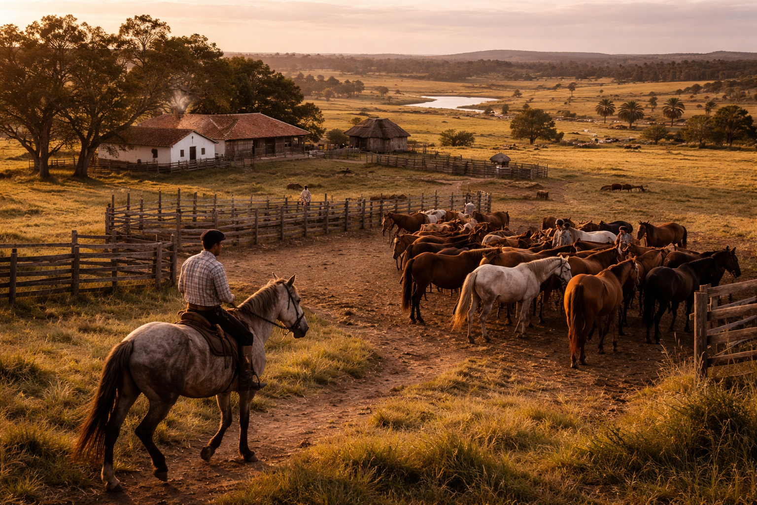 タクアレンボーの田園風景、ガウチョ、馬、ウルグアイの伝統文化と自然の景色