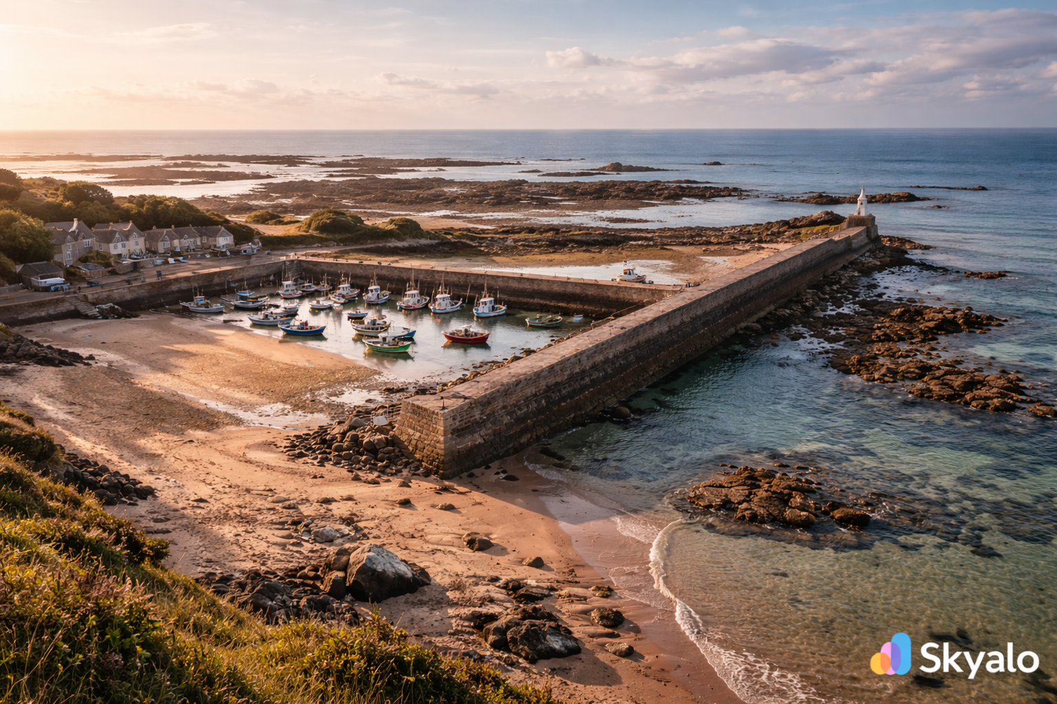הנמל של לה רוק בג'רזי עם שובר גלים ארוך, חוף חול, ים ונוף חופי שנחשף בזמן השפל.