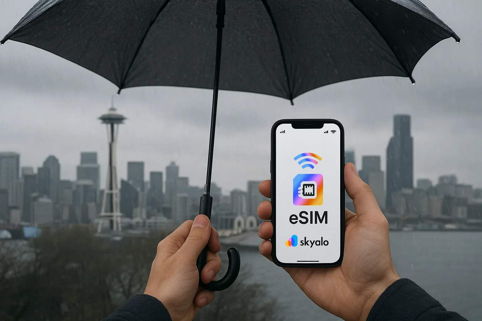 Сиэтл под дождём с eSIM от Skyalo