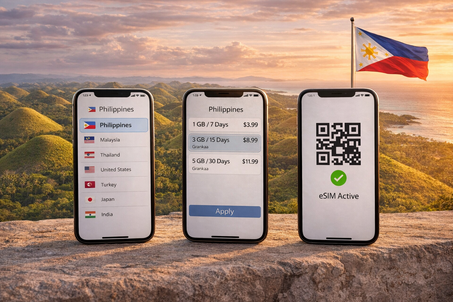 Three smartphones with eSIM plans for the Philippines against the tropical landscape of the Chocolate Hills on Bohol Island.
