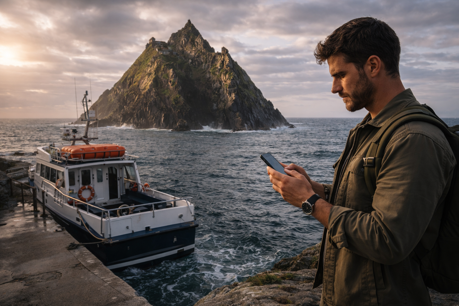 סקליג מייקל באירלנד עם סלע אוקיינוס, יישוב מנזר עתיק ואופק פתוח של האטלנטי.