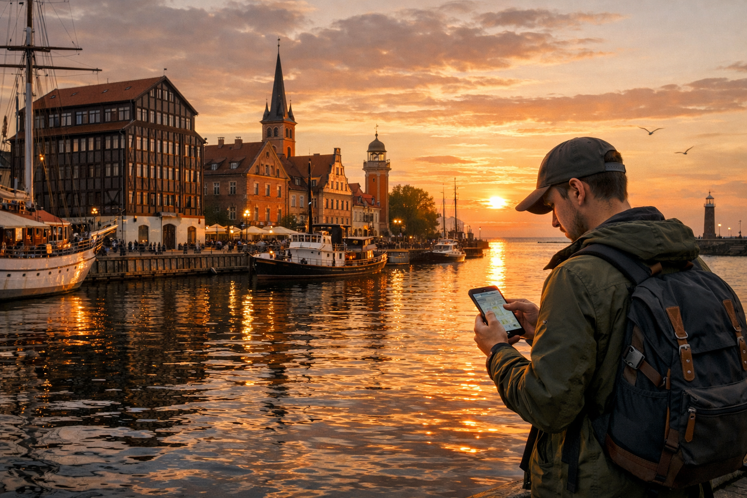 Historic port of Klaipėda on the Baltic Sea and a traveler with a smartphone with active eSIM