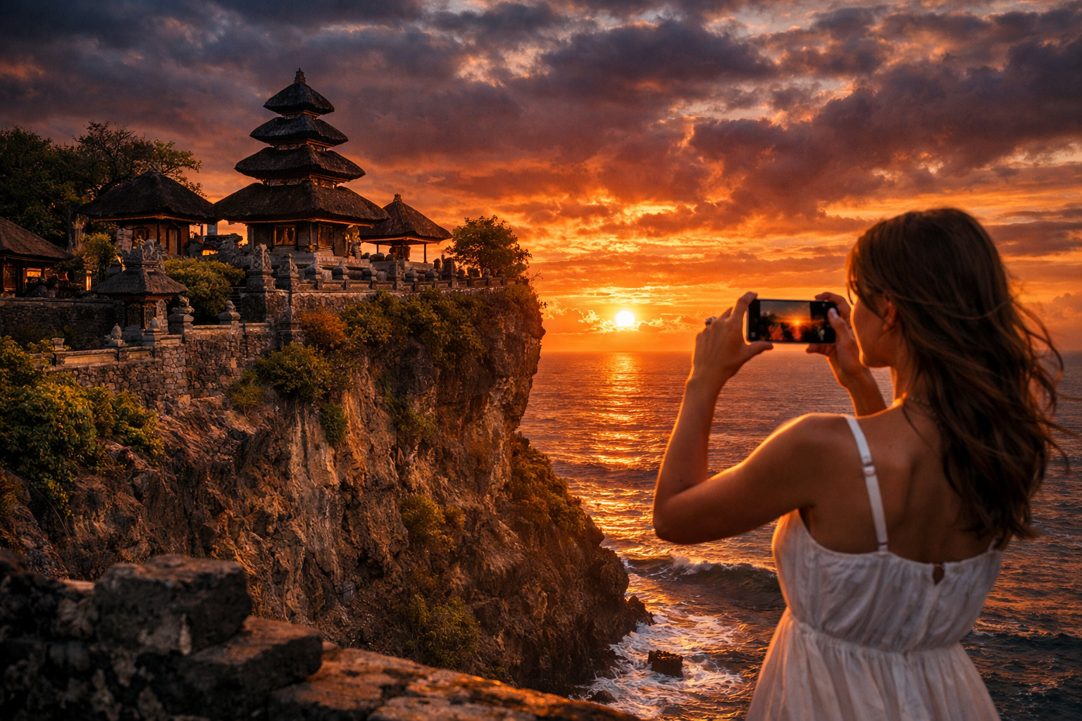 A cliffside temple in Bali and a female tourist with a smartphone