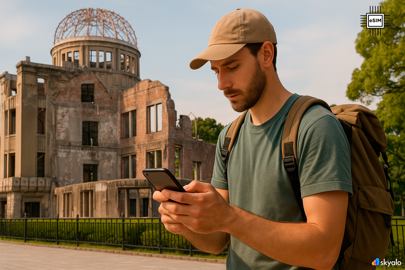 Tourist at the Atomic Dome in Hiroshima, mapping key sites with eSIM connectivity