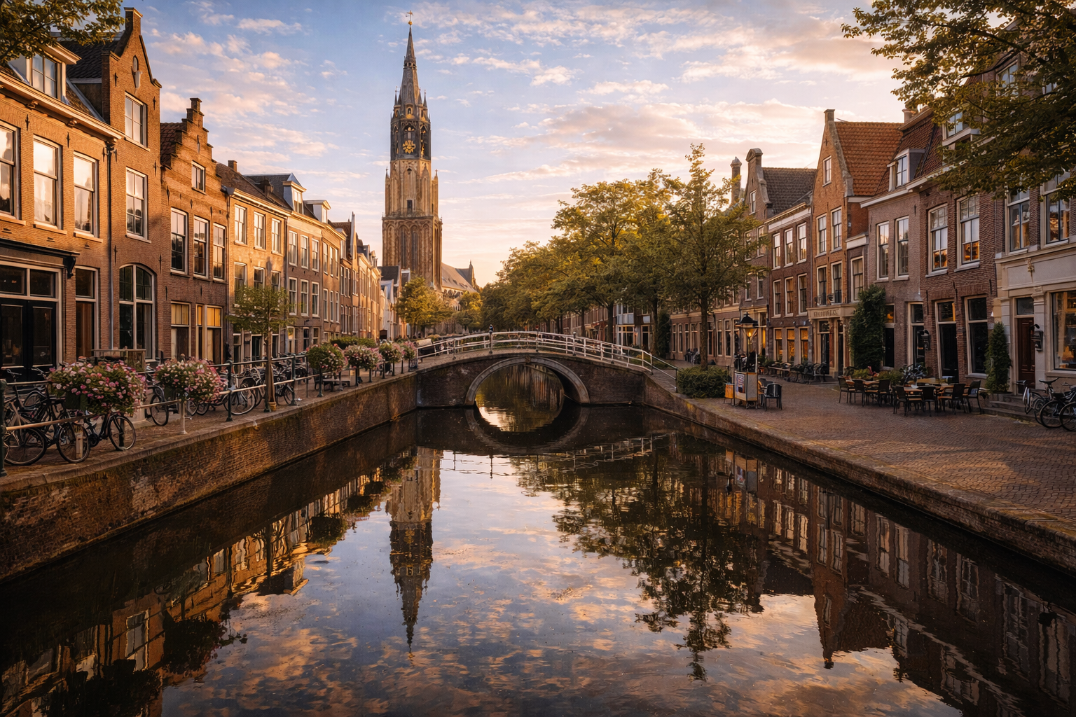 Delft’s historic center with a canal and the New Church tower