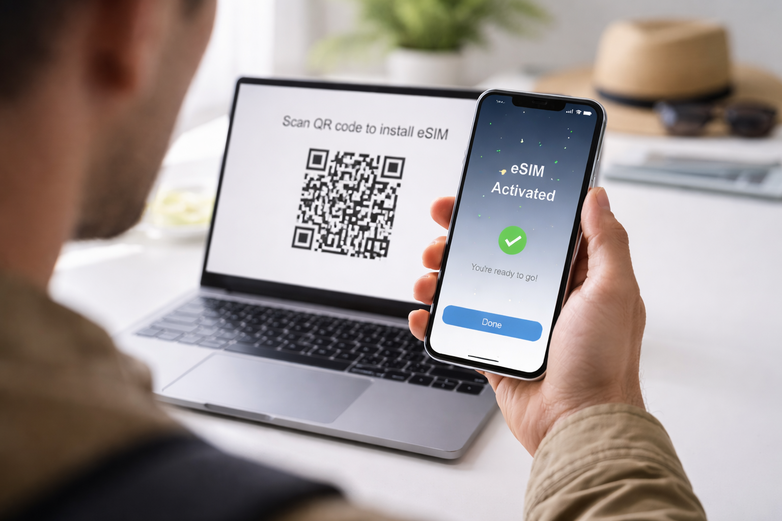Traveler activating eSIM on smartphone by scanning QR code