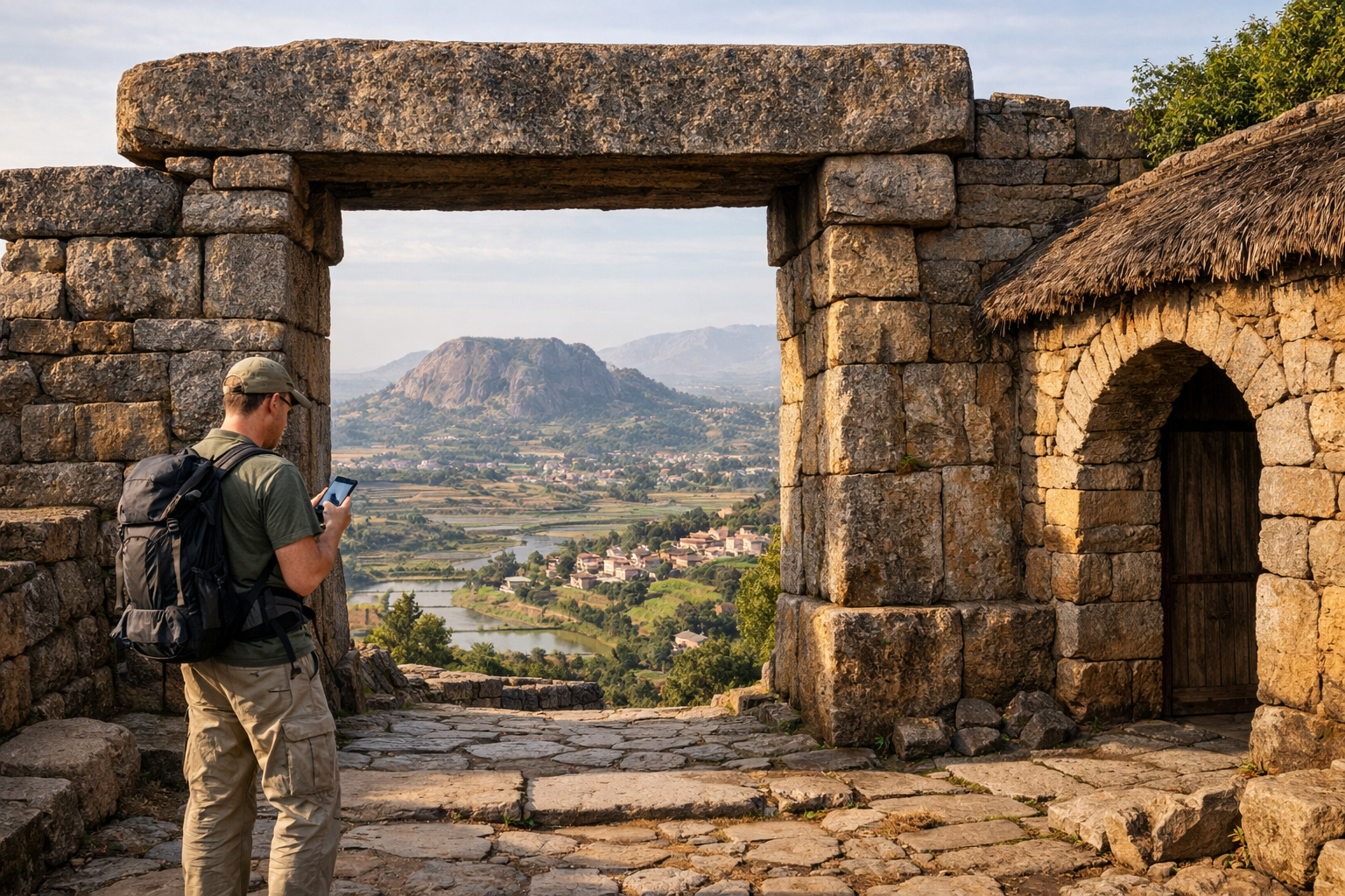 Ambohimanga and a tourist with a smartphone with an eSIM