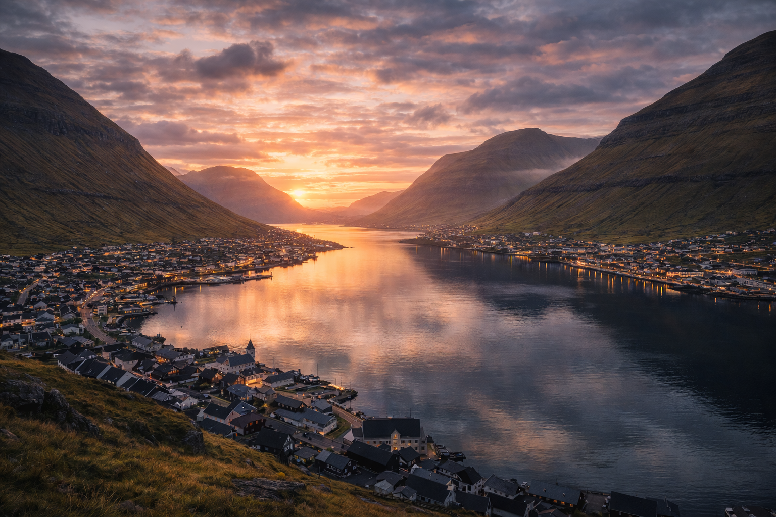 Miasto Klaksvík pośród gór i fiordu na Wyspach Owczych