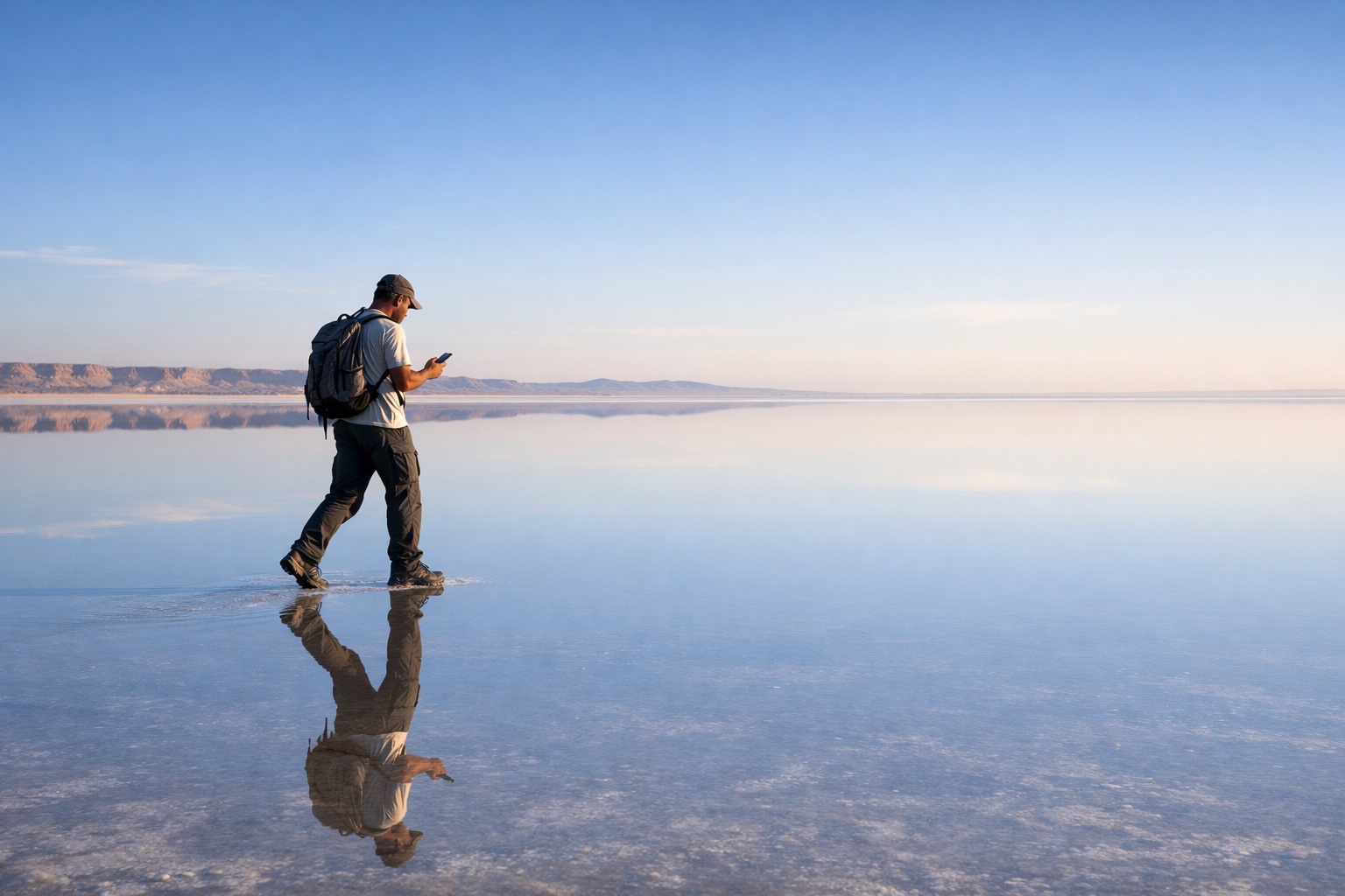 Den salte innsjøen Chott el Jerid med himmelspeiling og en reisende