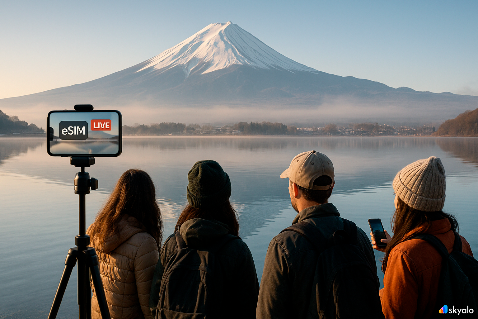 Friends photographing Mount Fuji at Lake Kawaguchiko; Skyalo eSIM active for live streaming, dawn light over calm waters