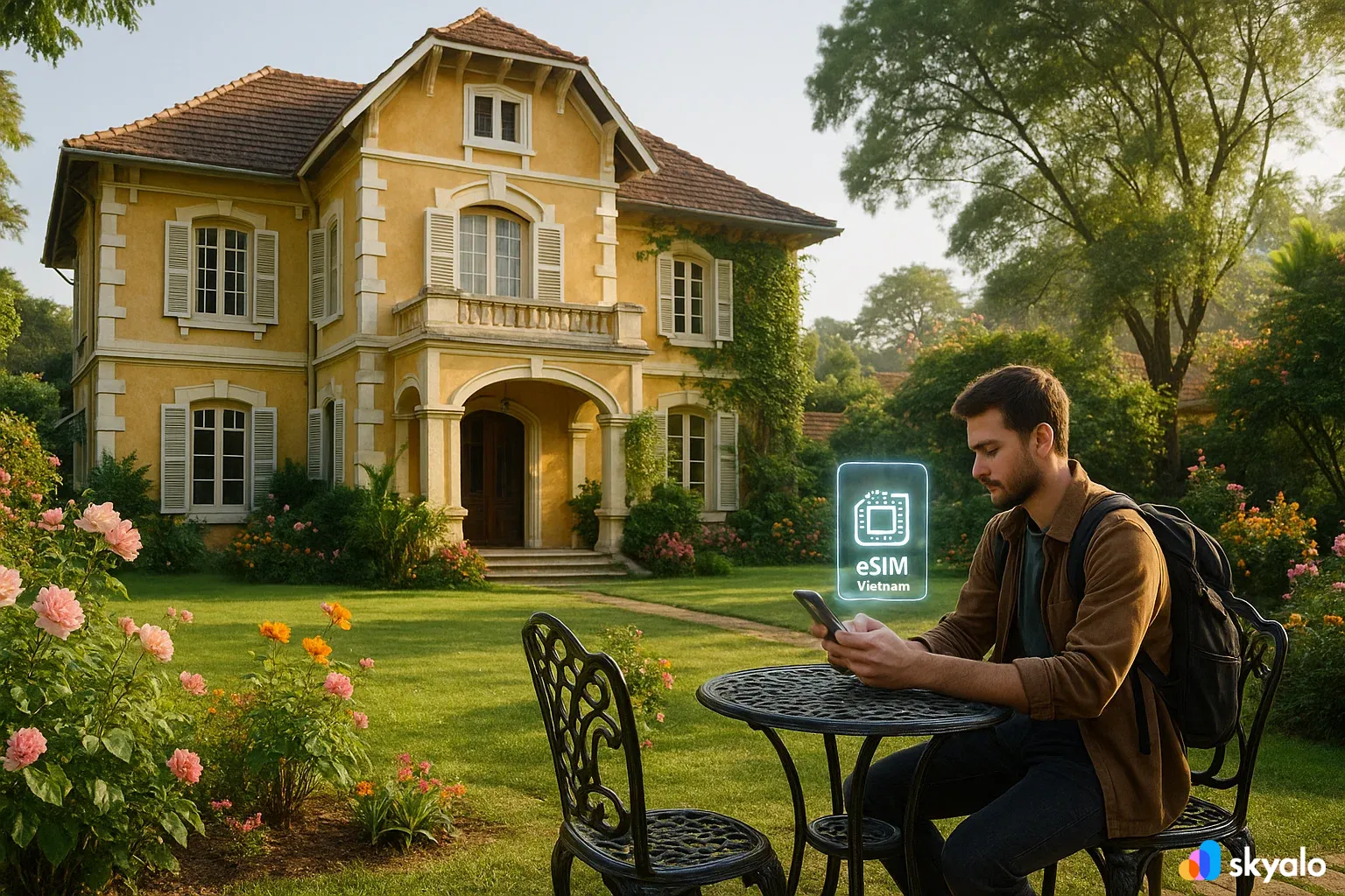 French villa in Dalat, traveler using eSIM to search for new tours online