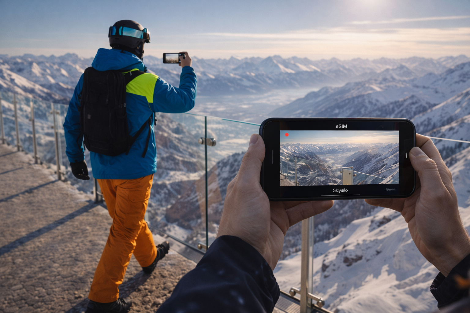 A panoramic shot of Dachstein on a smartphone with an eSIM for traveling in Austria