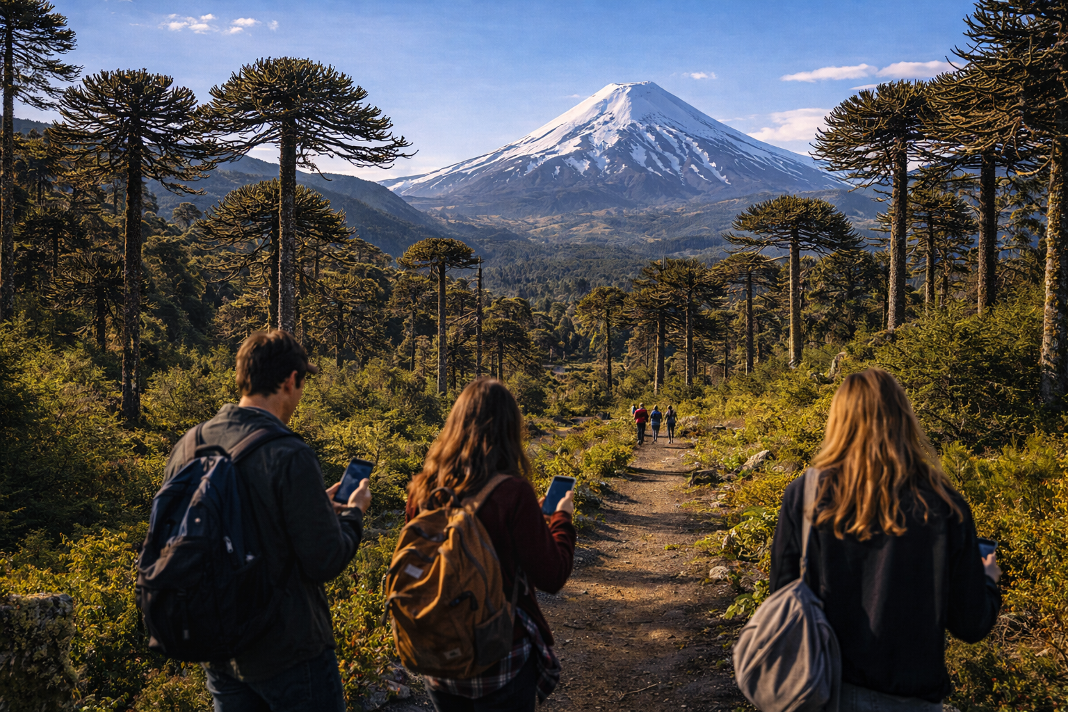 Viaggiatori passeggiano nel parco Conguillío con smartphone ed eSIM