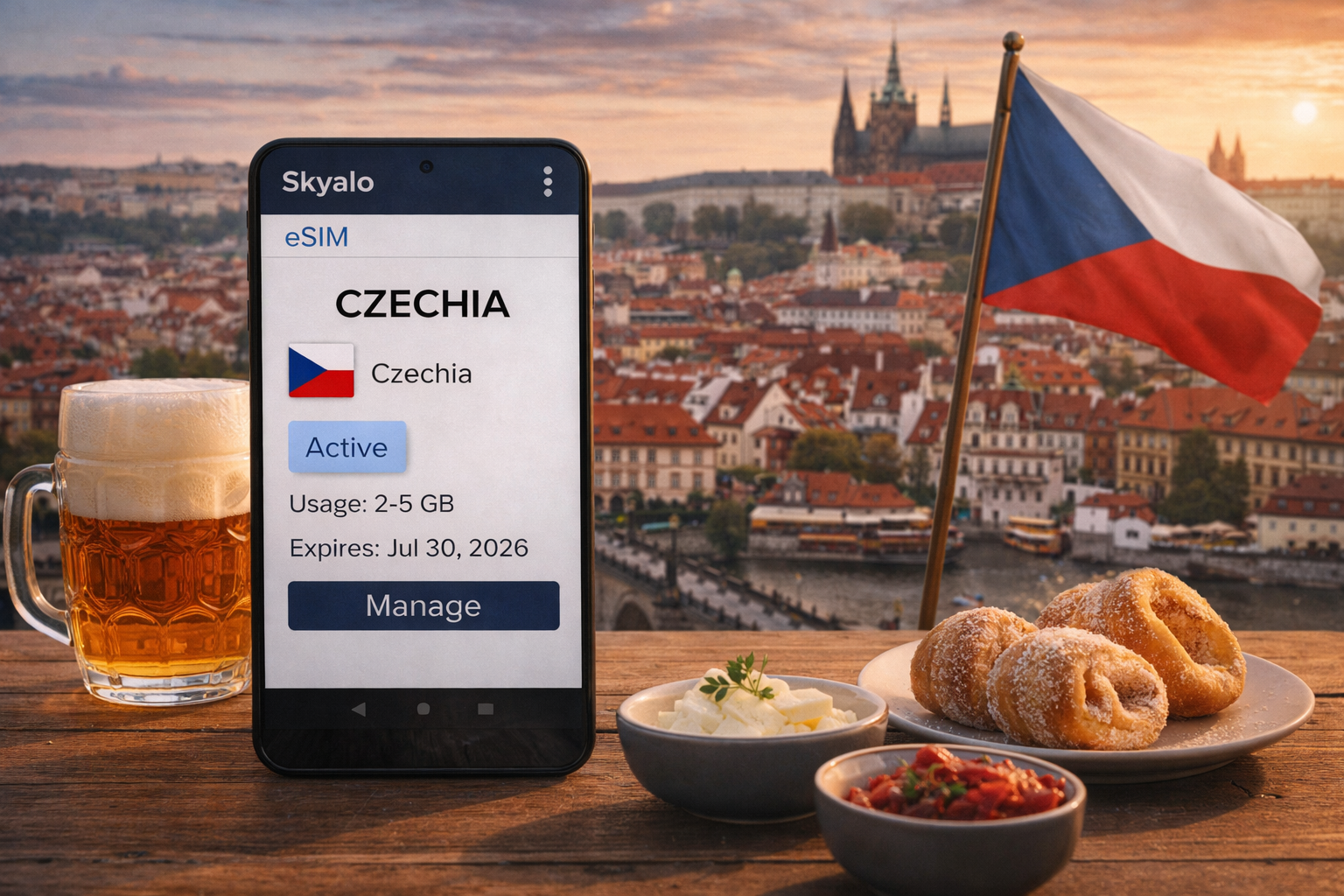 eSIM per la Repubblica Ceca attivata nell’app Skyalo su smartphone, sullo sfondo dell’architettura di Praga e della cucina tradizionale ceca.