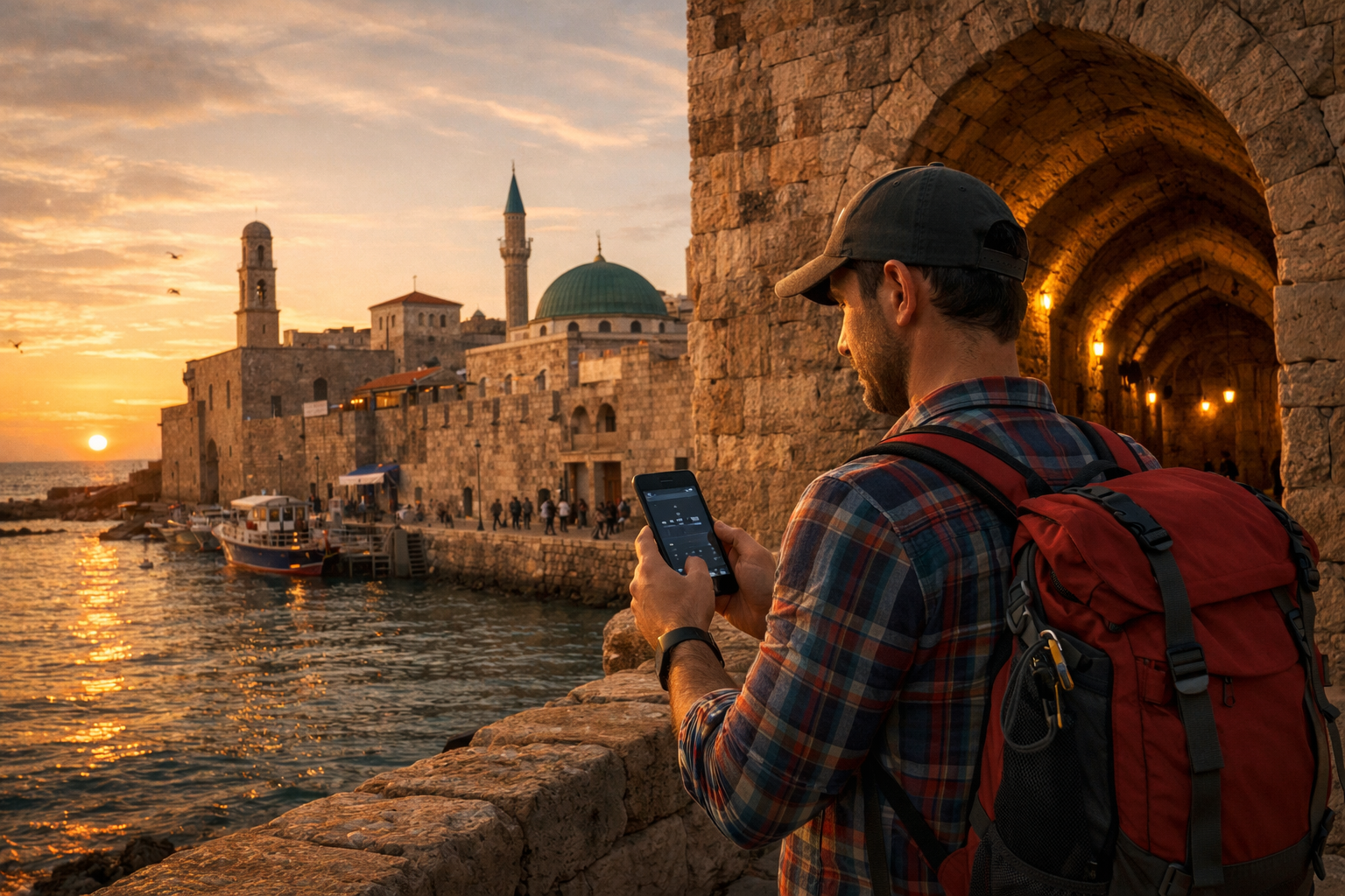 Acre’s Old City and a traveler using a smartphone with an eSIM against ancient fortress walls