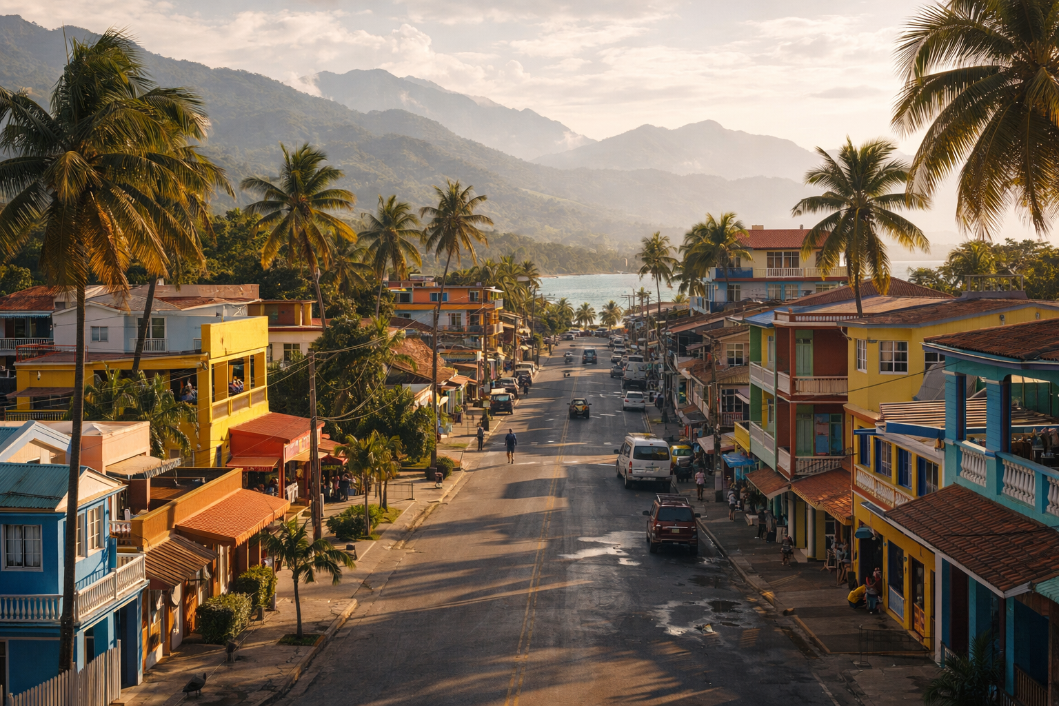 העיר הקריבית לה סייבה בהונדורס עם דקלים, מבנים צבעוניים והרים ירוקים ברקע
